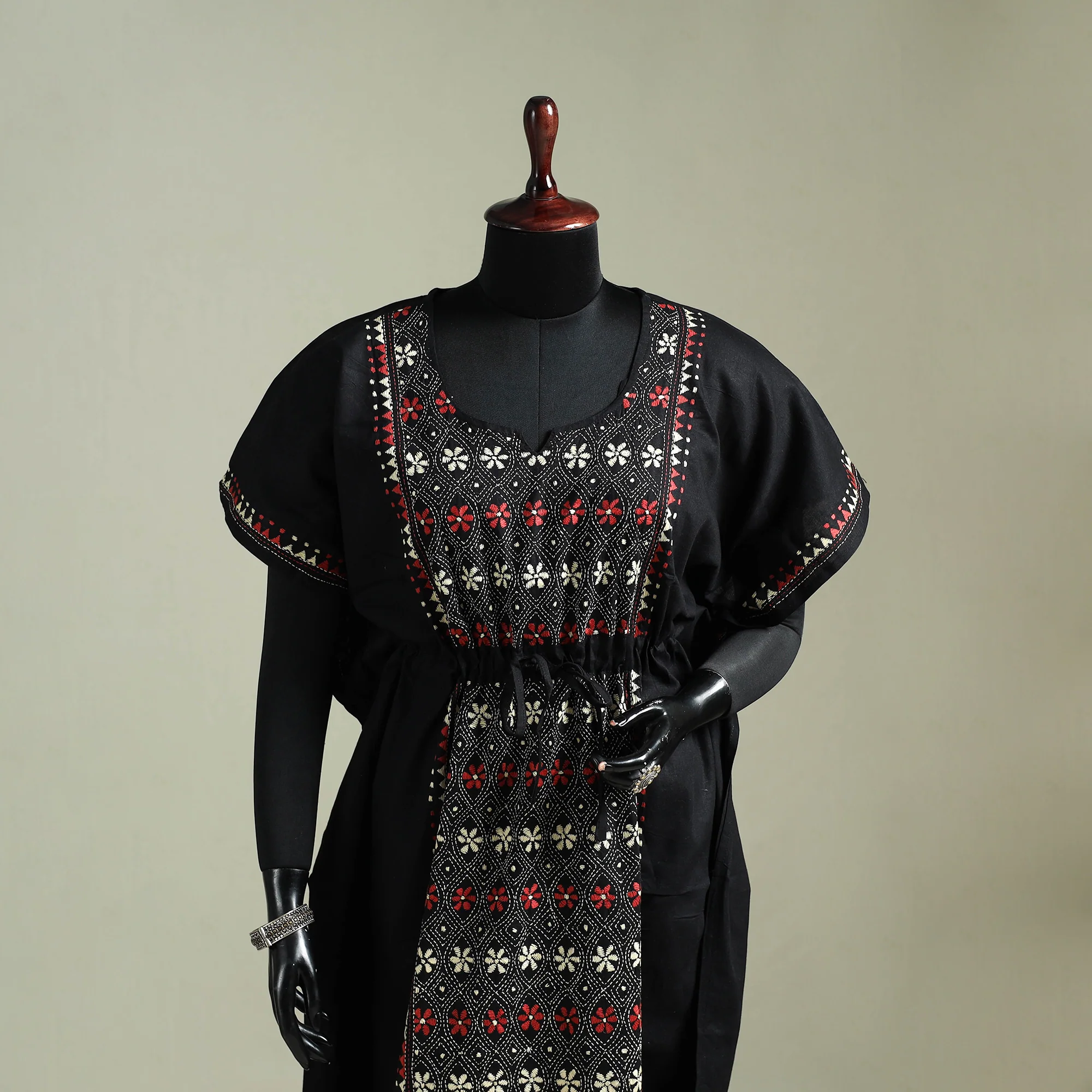 Black - Bengal Kantha Hand Embroidery Cotton Long Kaftan 41 - Image 2
