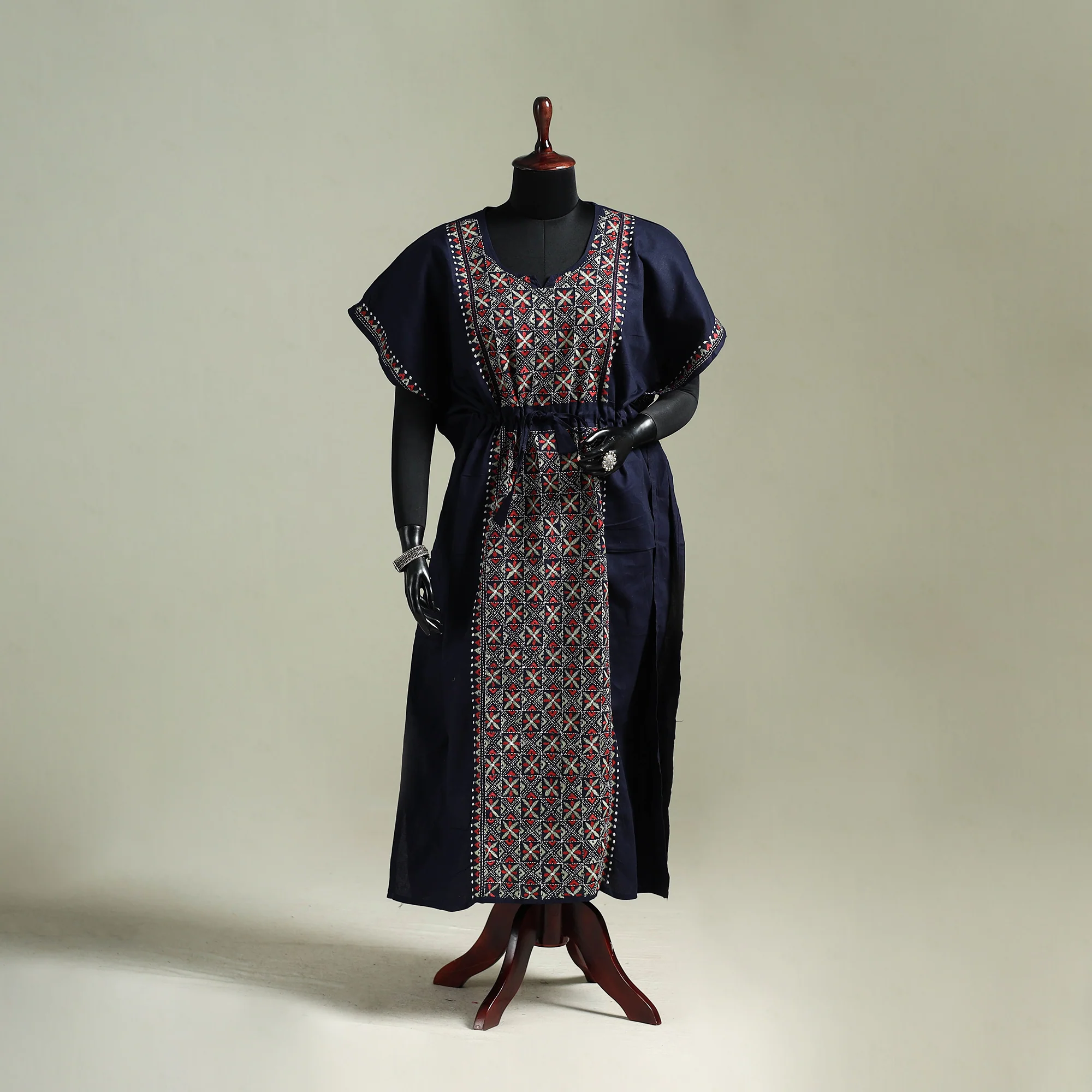 Black - Bengal Kantha Hand Embroidery Cotton Long Kaftan 42