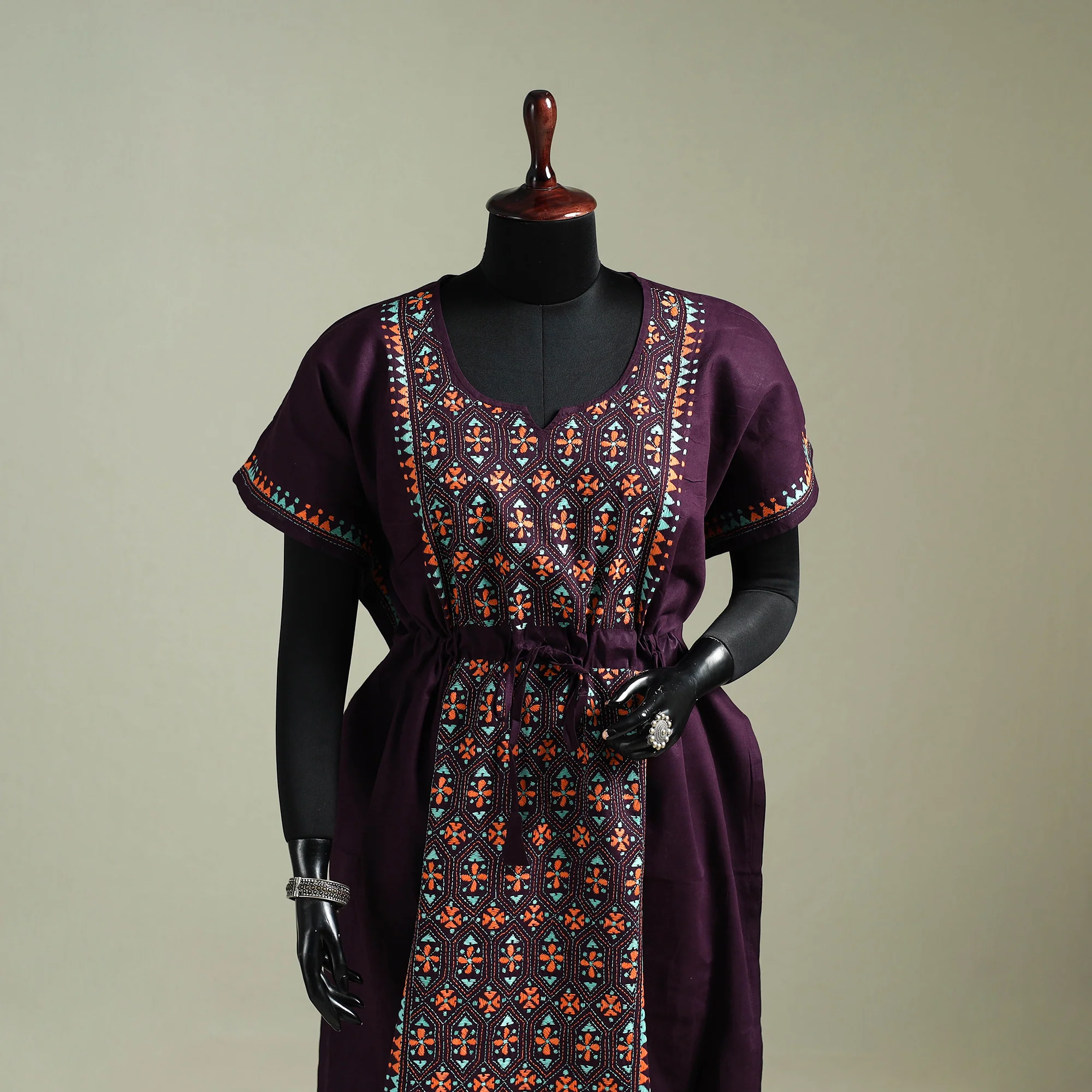 Purple - Bengal Kantha Hand Embroidery Cotton Long Kaftan 43 - Image 2