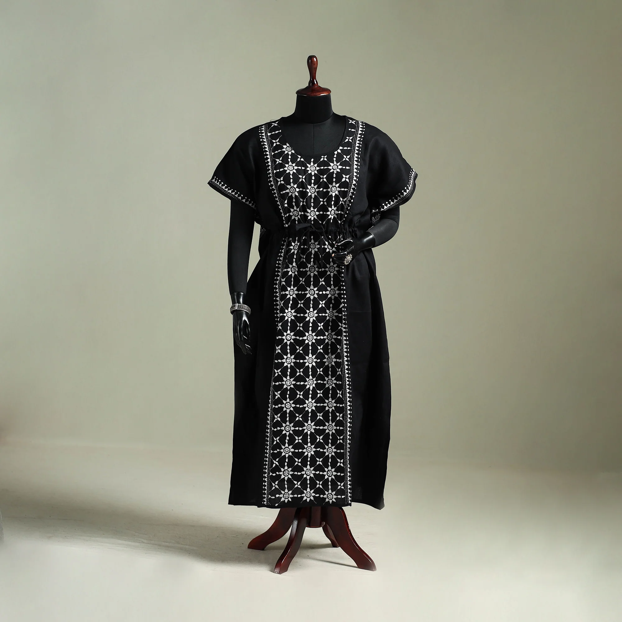 Black - Bengal Kantha Hand Embroidery Cotton Long Kaftan 44