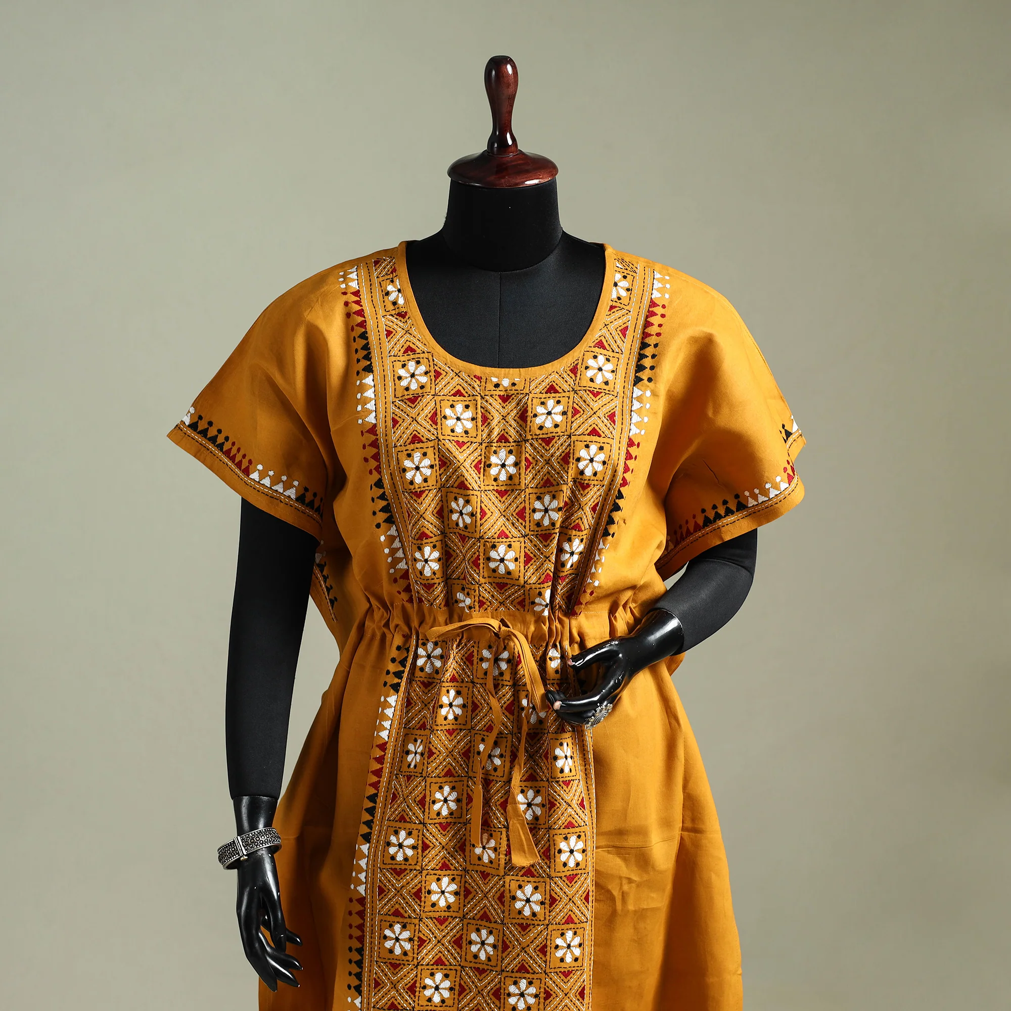 Yellow - Bengal Kantha Hand Embroidery Cotton Long Kaftan 46 - Image 2