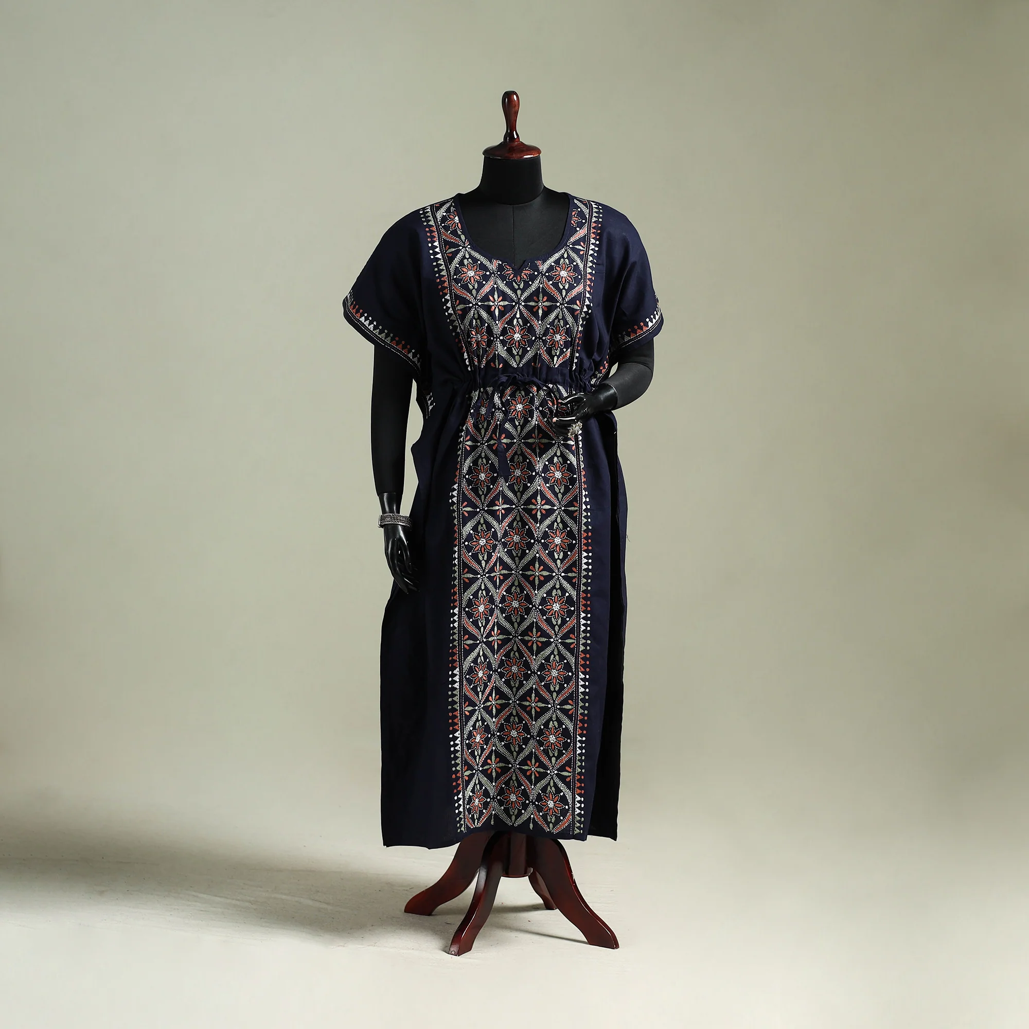 Blue - Bengal Kantha Hand Embroidery Cotton Long Kaftan 47