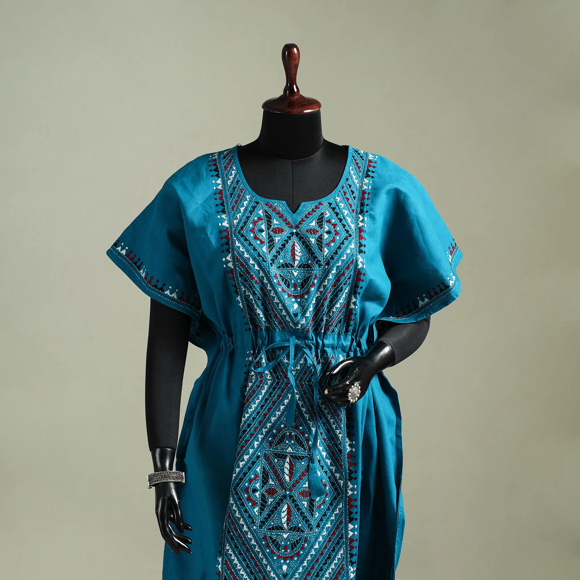 Blue - Bengal Kantha Hand Embroidery Cotton Long Kaftan 48 - Image 2