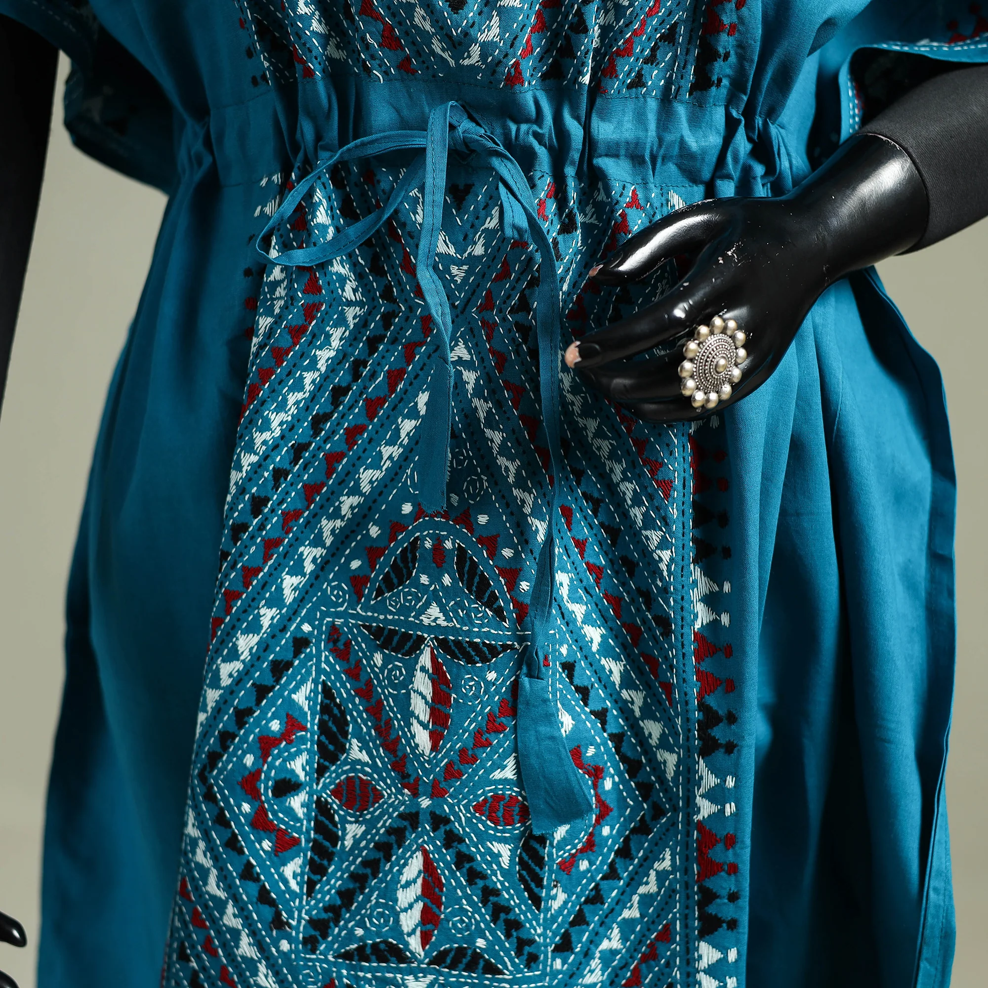 Blue - Bengal Kantha Hand Embroidery Cotton Long Kaftan 48 - Image 3