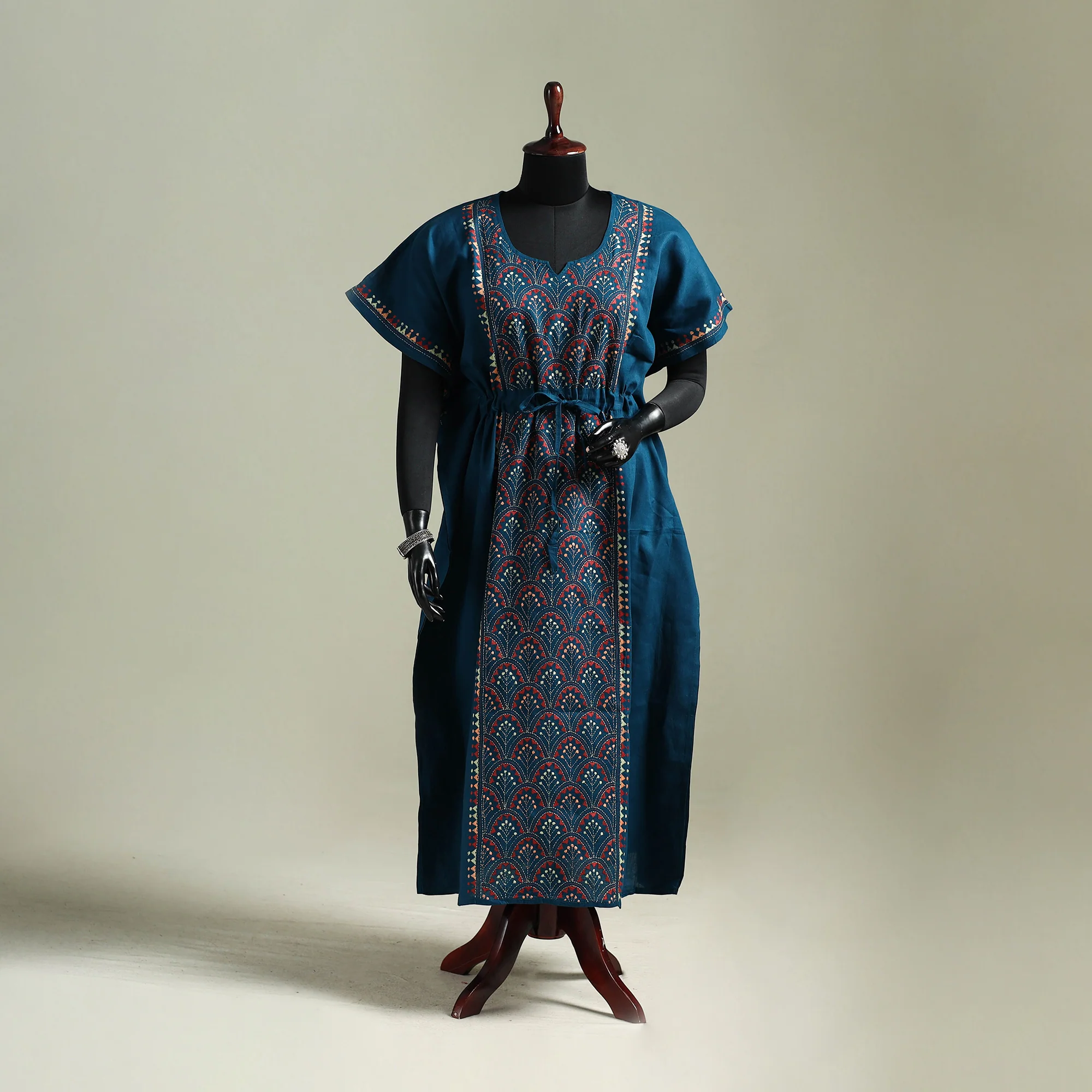 Blue - Bengal Kantha Hand Embroidery Cotton Long Kaftan 49