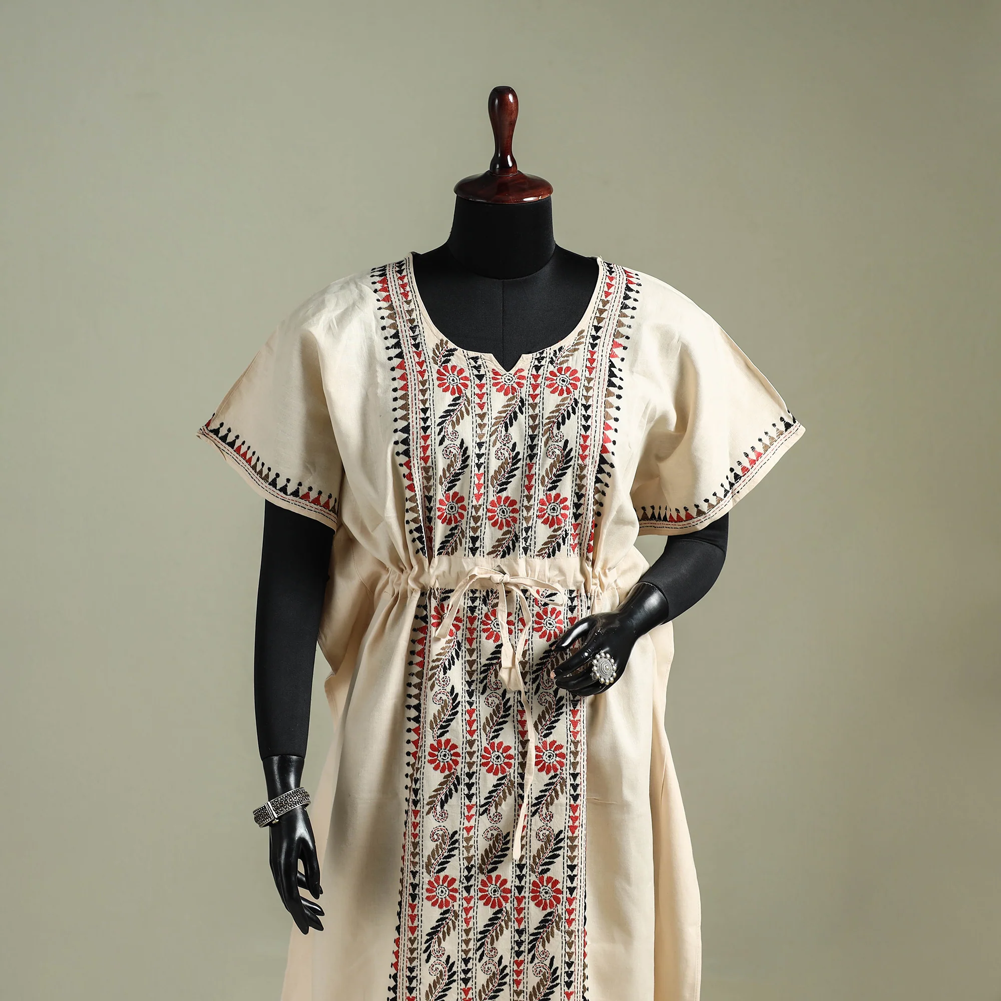 Beige - Bengal Kantha Hand Embroidery Cotton Long Kaftan 50 - Image 3