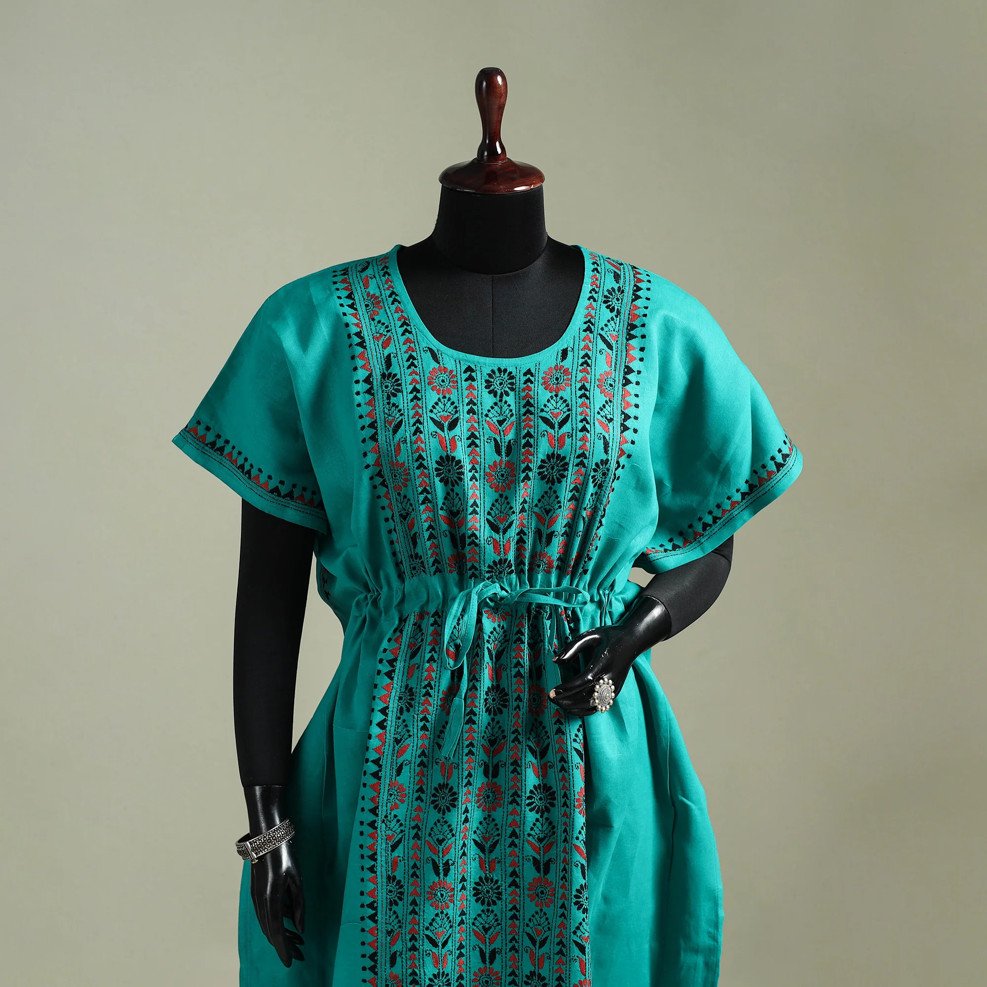 Green - Bengal Kantha Hand Embroidery Cotton Long Kaftan 51 - Image 2