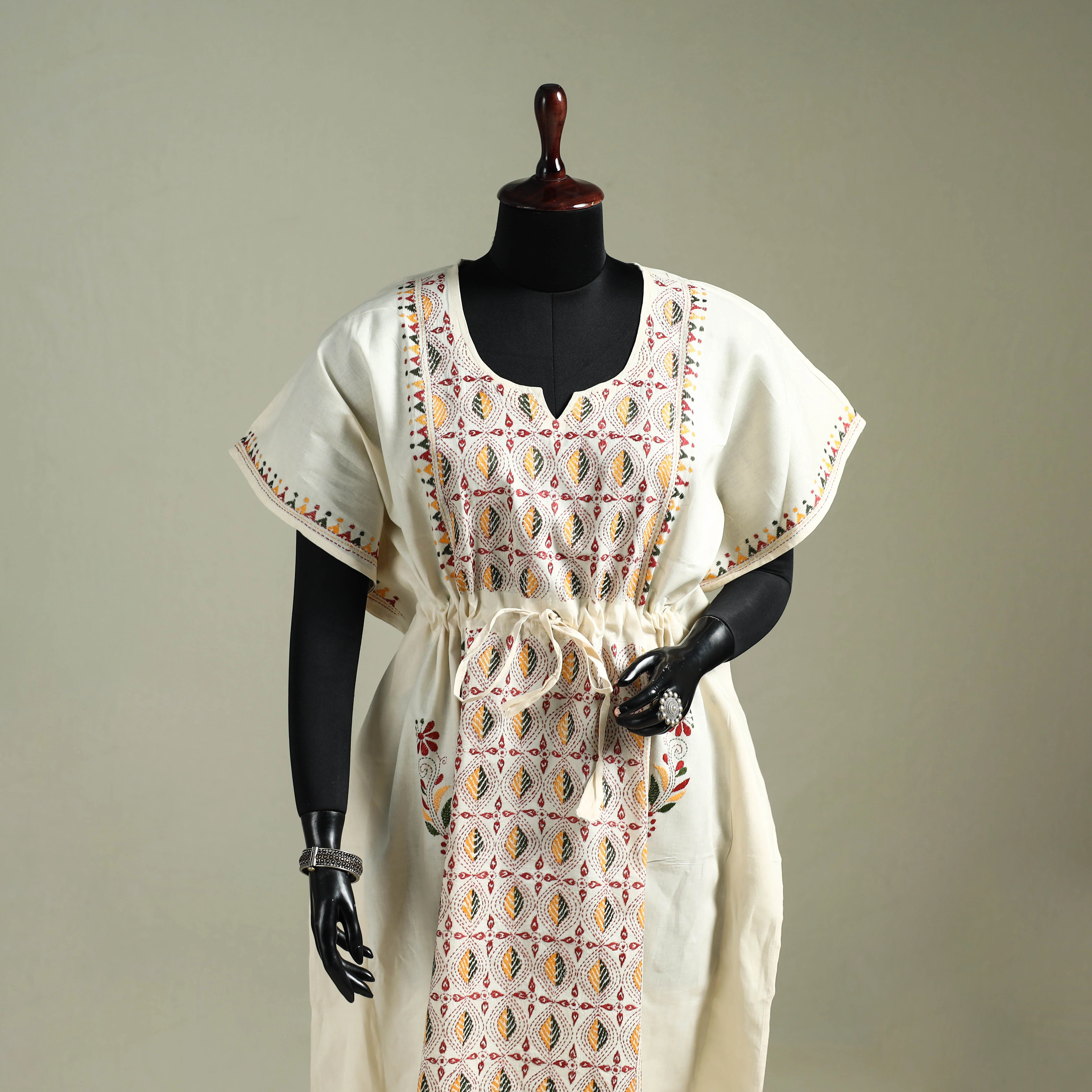 Beige - Bengal Kantha Hand Embroidery Cotton Long Kaftan 52 - Image 2