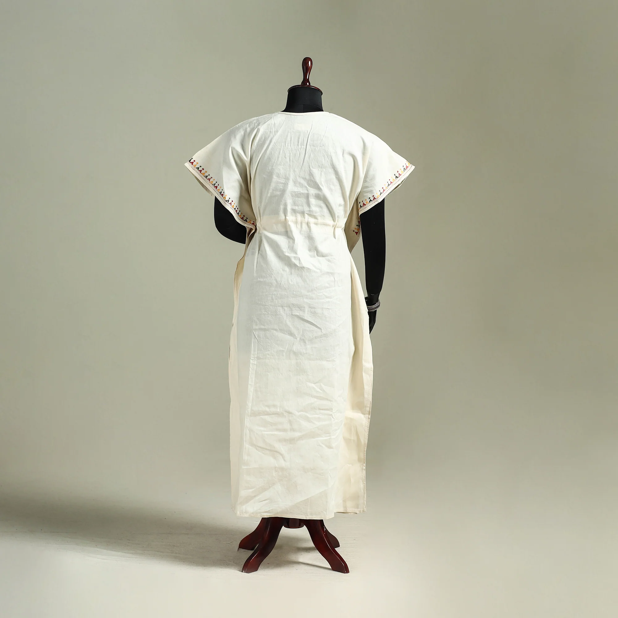 Beige - Bengal Kantha Hand Embroidery Cotton Long Kaftan 52 - Image 5