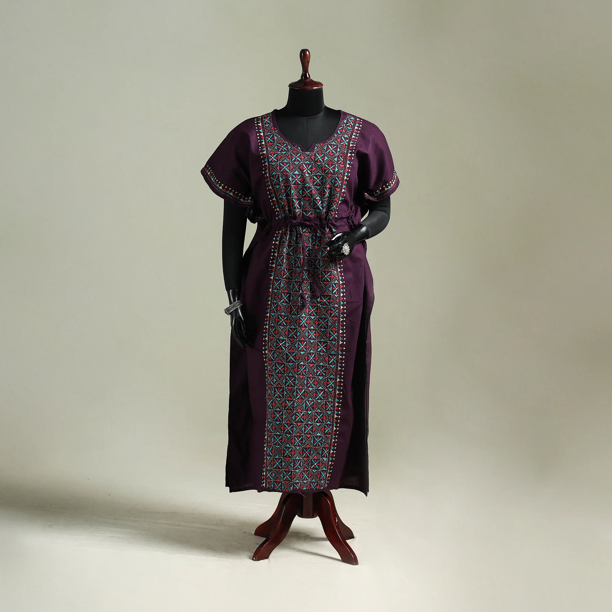Purple - Bengal Kantha Hand Embroidery Cotton Long Kaftan 53