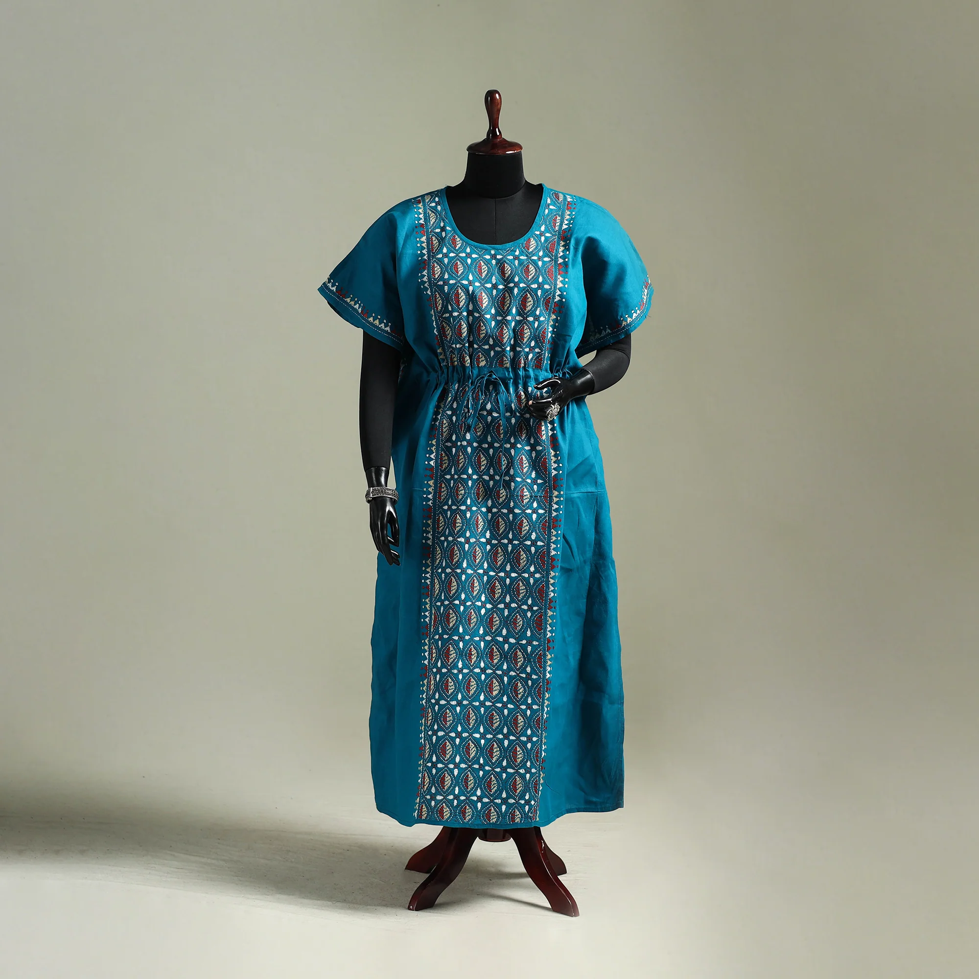 Blue - Bengal Kantha Hand Embroidery Cotton Long Kaftan 54