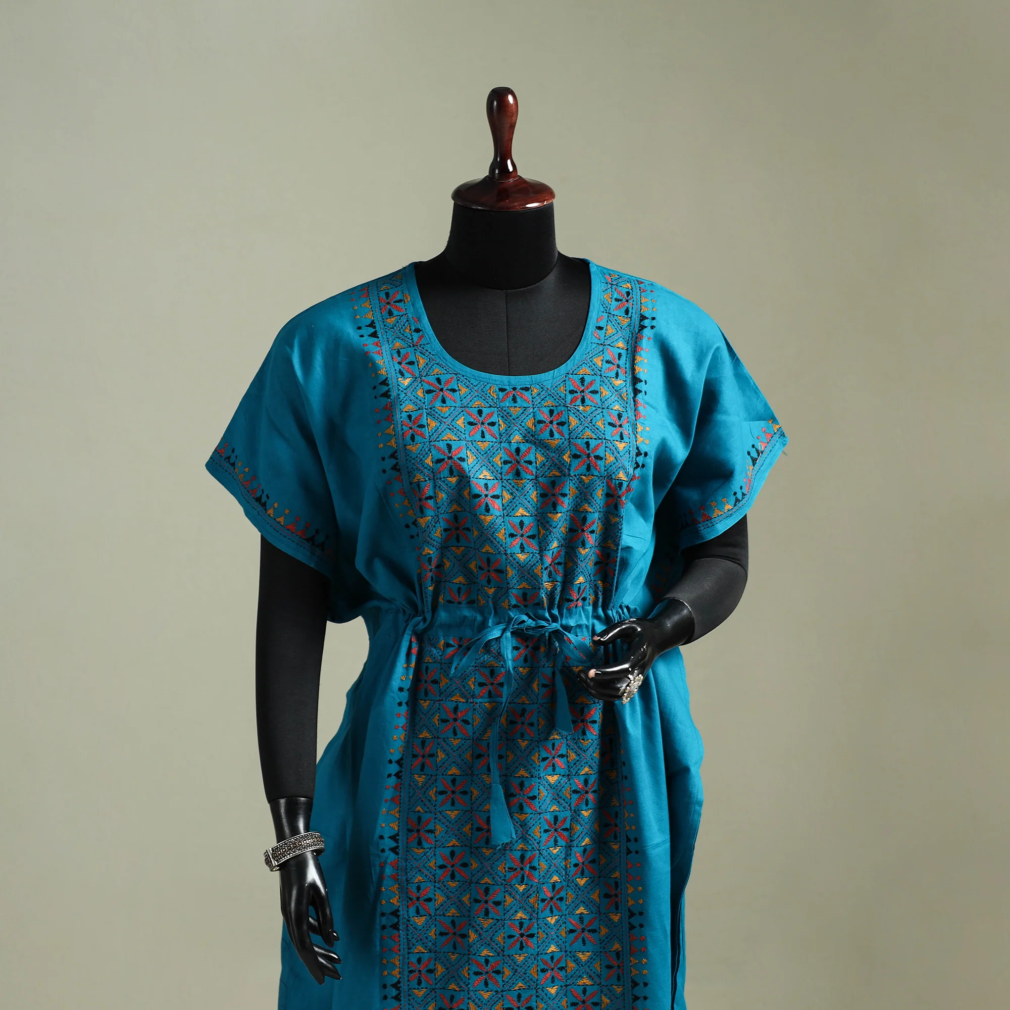 Blue - Bengal Kantha Hand Embroidery Cotton Long Kaftan 55 - Image 2