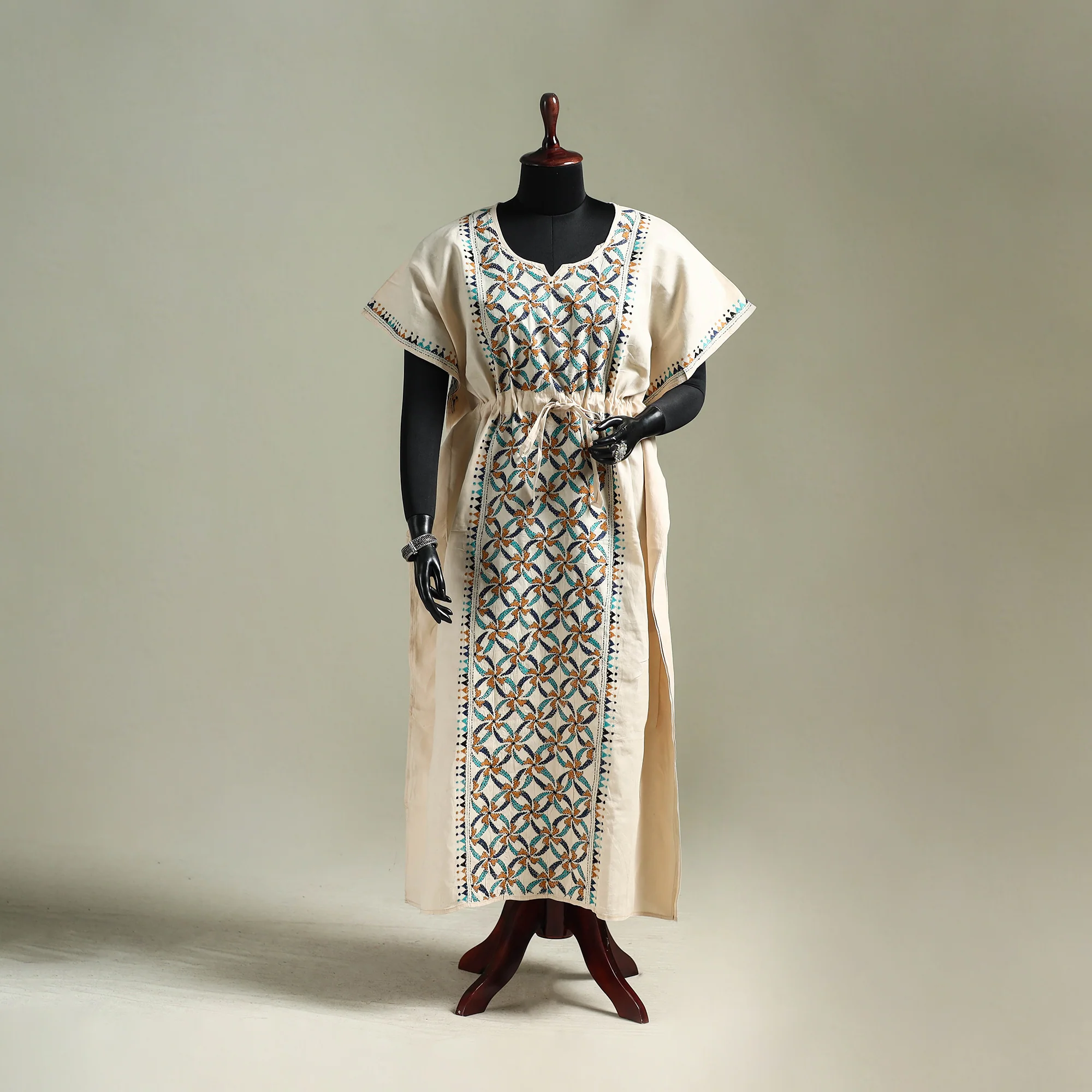 Beige - Bengal Kantha Hand Embroidery Cotton Long Kaftan 56