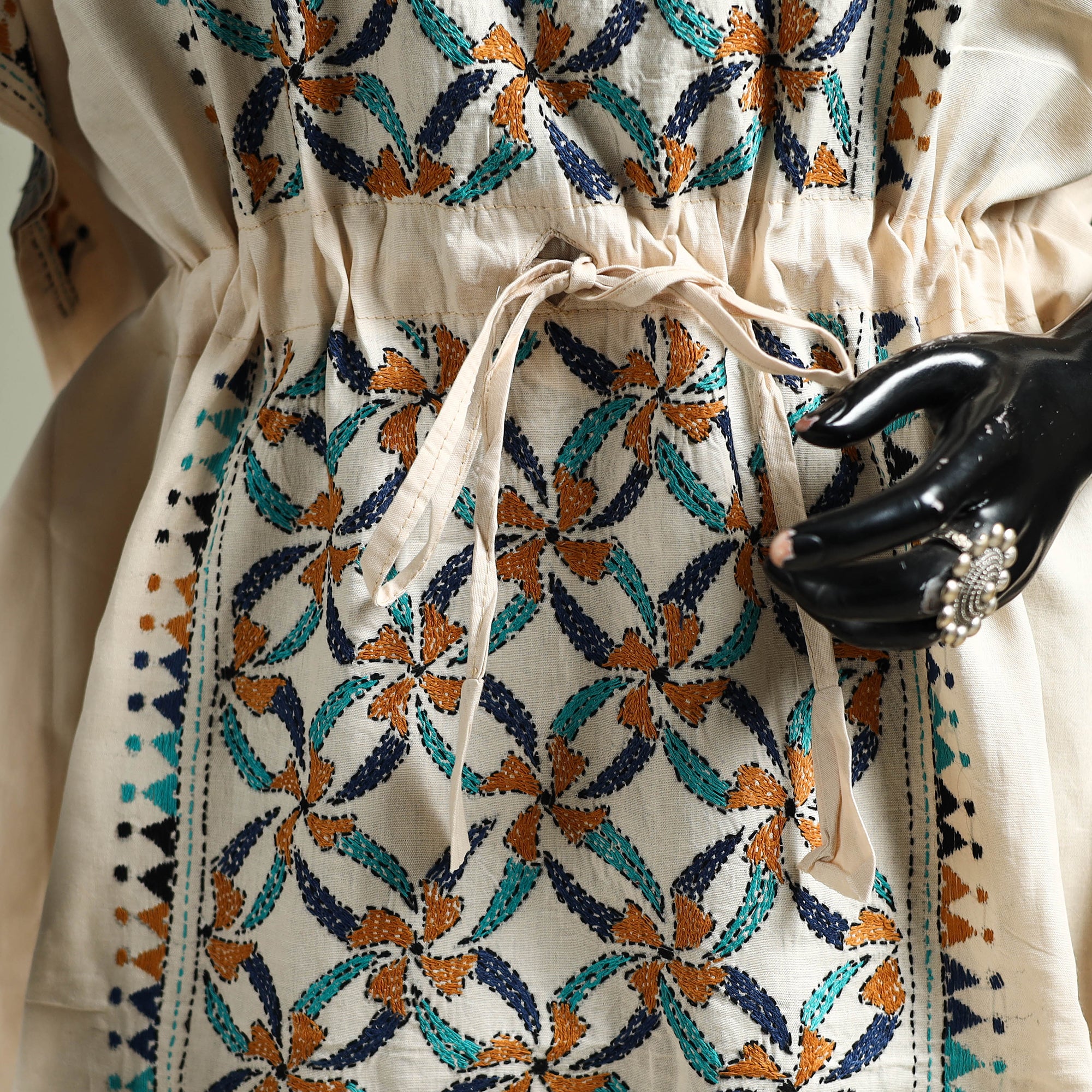 Beige - Bengal Kantha Hand Embroidery Cotton Long Kaftan 56 - Image 3