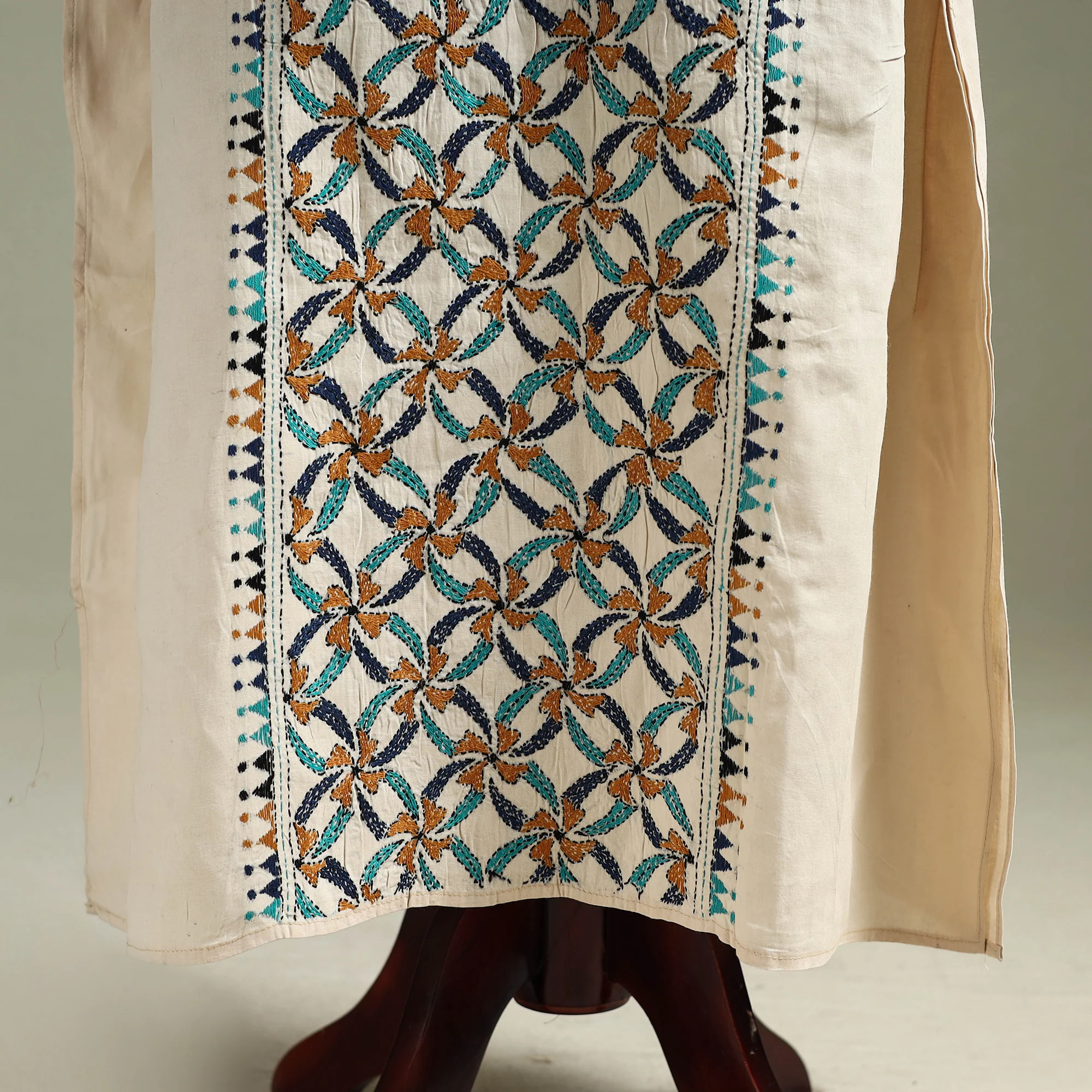 Beige - Bengal Kantha Hand Embroidery Cotton Long Kaftan 56 - Image 4