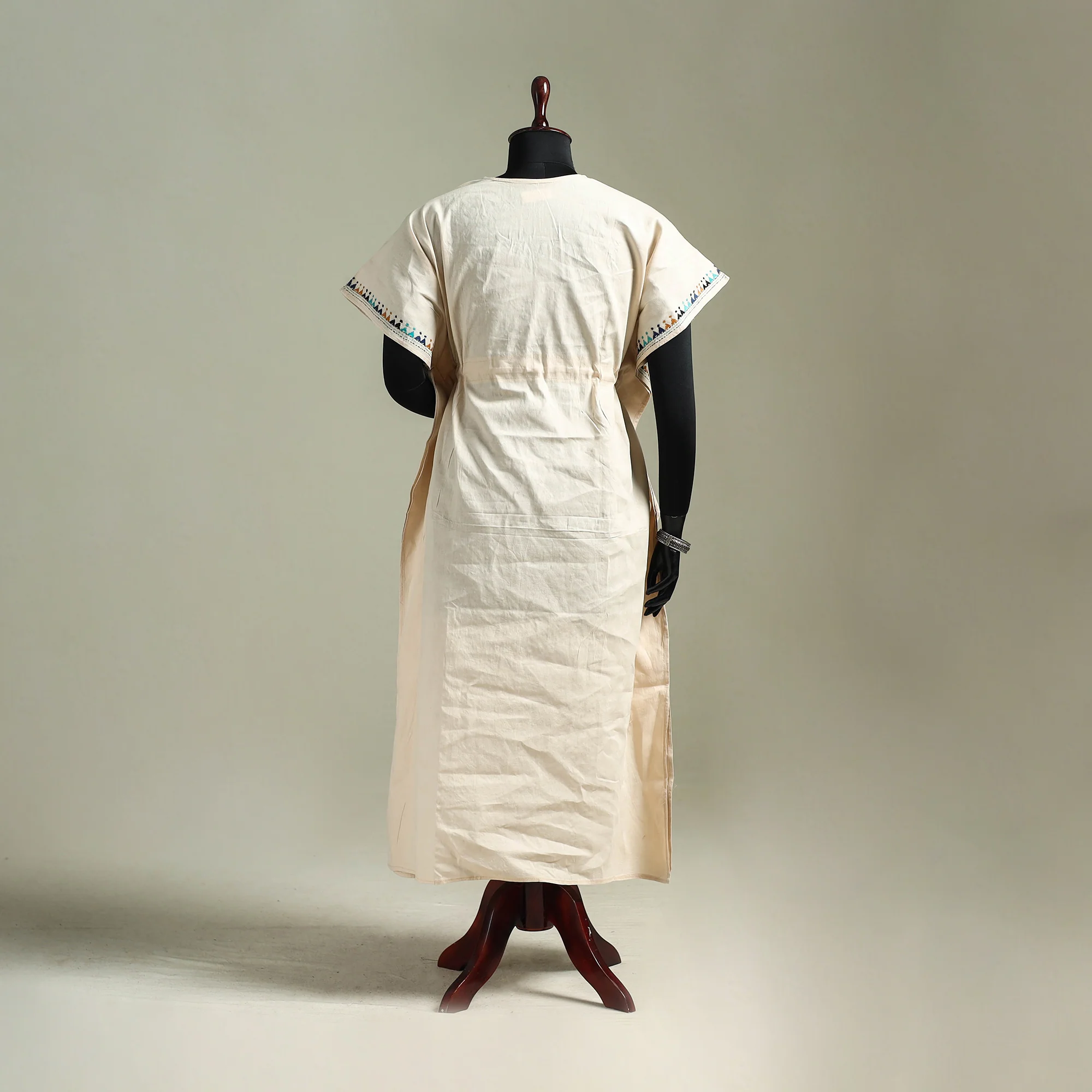 Beige - Bengal Kantha Hand Embroidery Cotton Long Kaftan 56 - Image 5