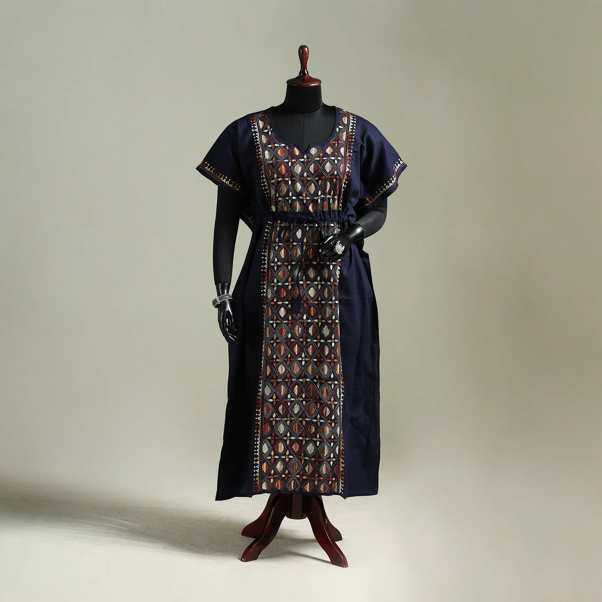 Blue - Bengal Kantha Hand Embroidery Cotton Long Kaftan 57