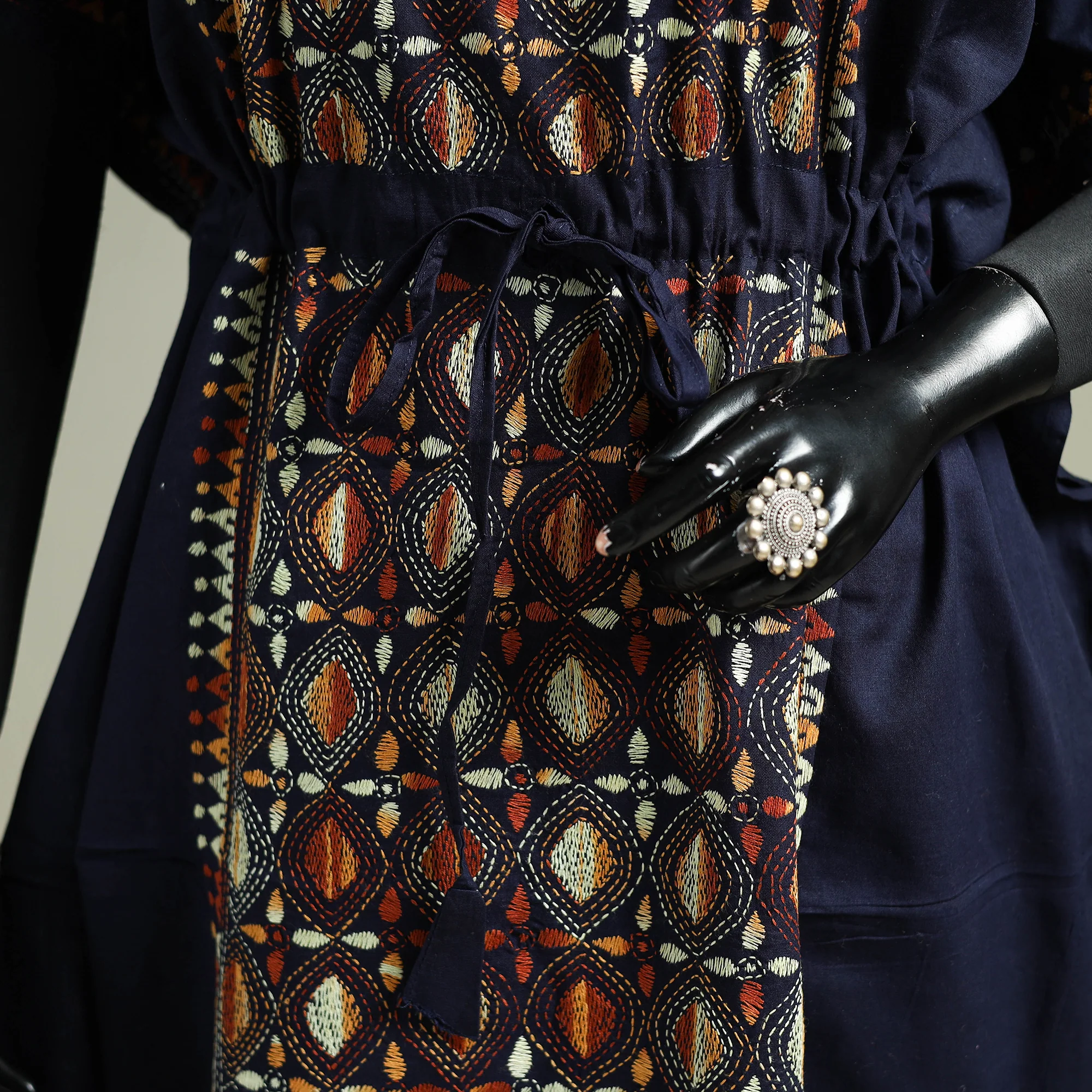 Blue - Bengal Kantha Hand Embroidery Cotton Long Kaftan 57 - Image 3