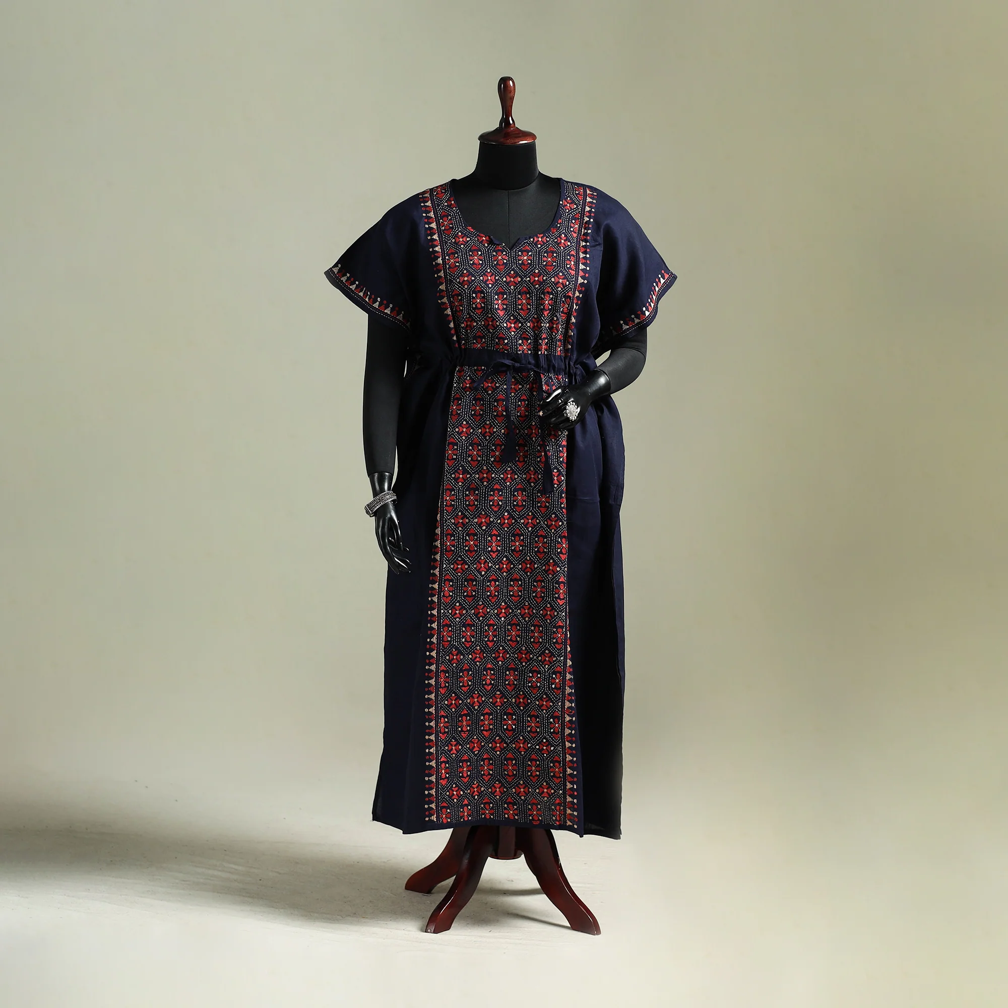 Blue - Bengal Kantha Hand Embroidery Cotton Long Kaftan 58