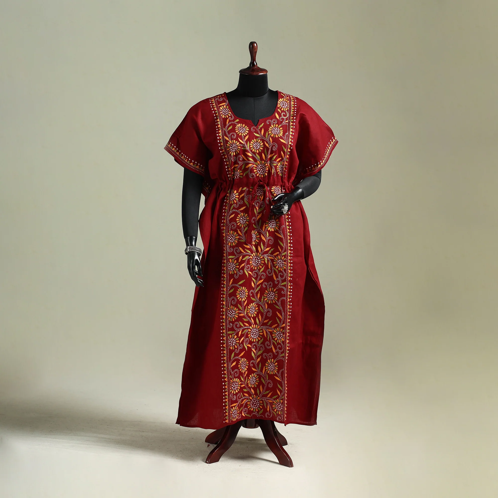 Red - Bengal Kantha Hand Embroidery Cotton Long Kaftan 59