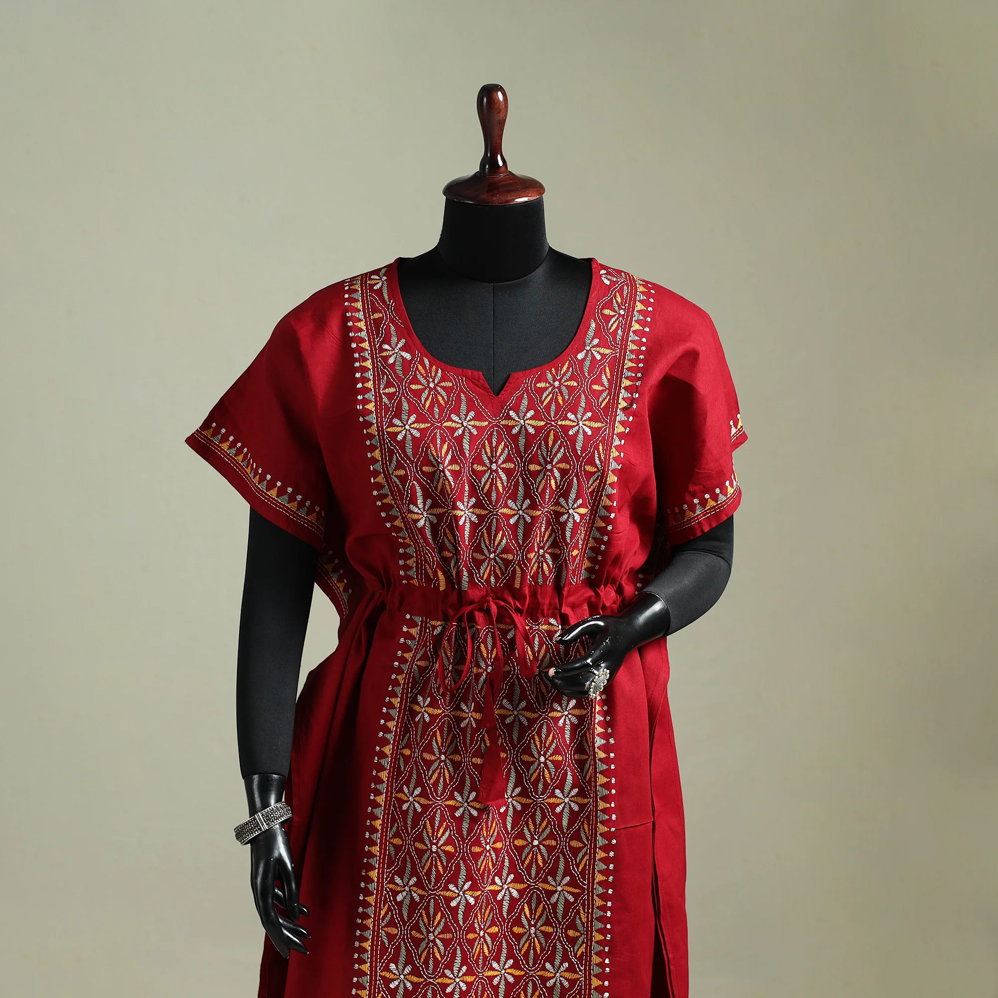 Red - Bengal Kantha Hand Embroidery Cotton Long Kaftan 60 - Image 2