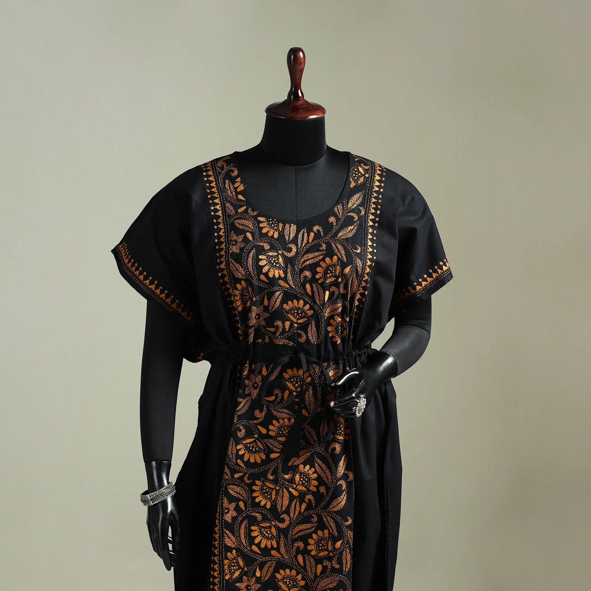 Black - Bengal Kantha Hand Embroidery Cotton Long Kaftan 61 - Image 2