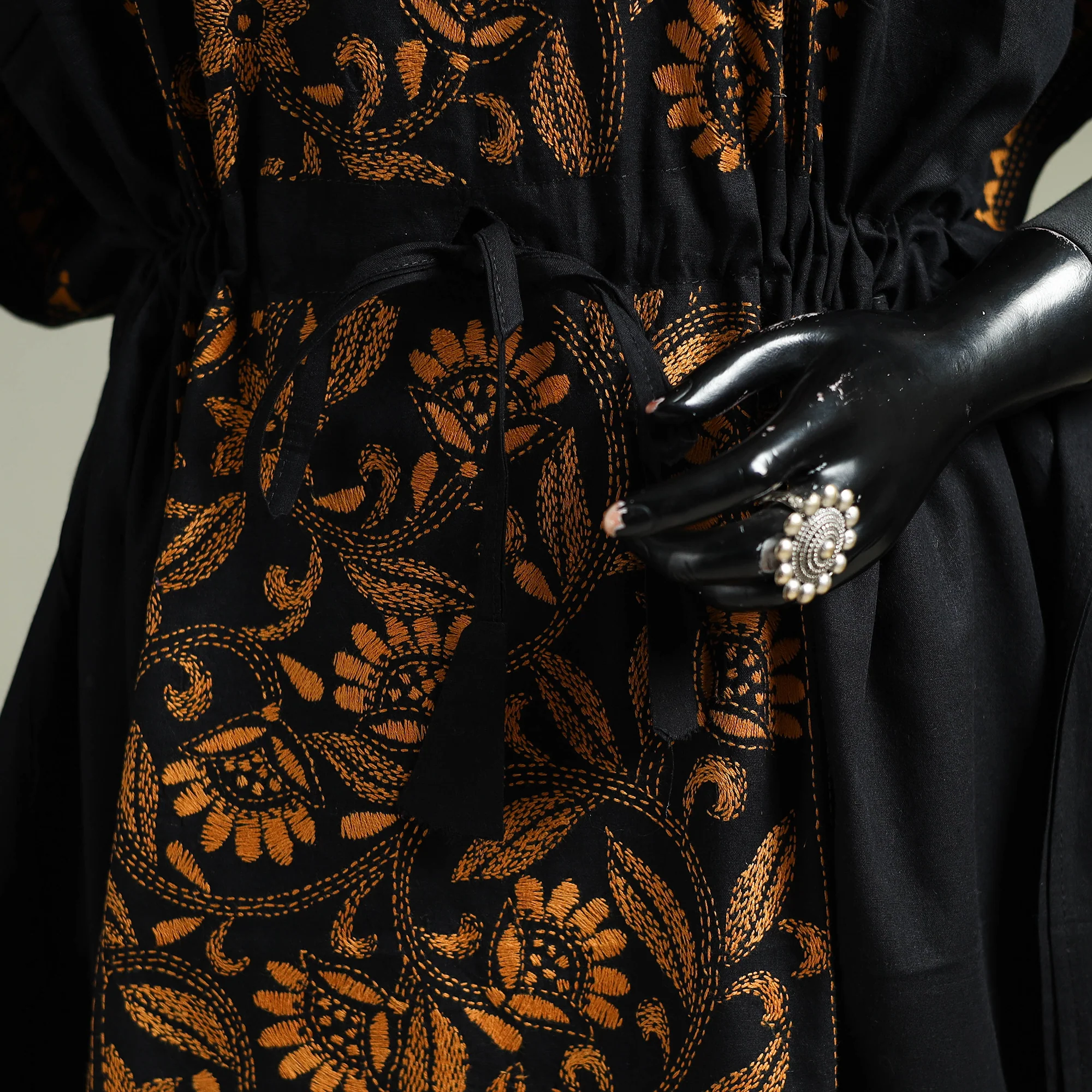 Black - Bengal Kantha Hand Embroidery Cotton Long Kaftan 61 - Image 3
