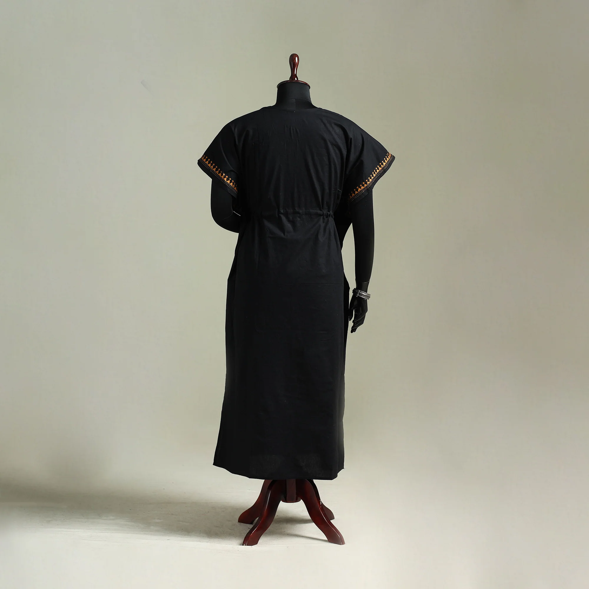 Black - Bengal Kantha Hand Embroidery Cotton Long Kaftan 61 - Image 5