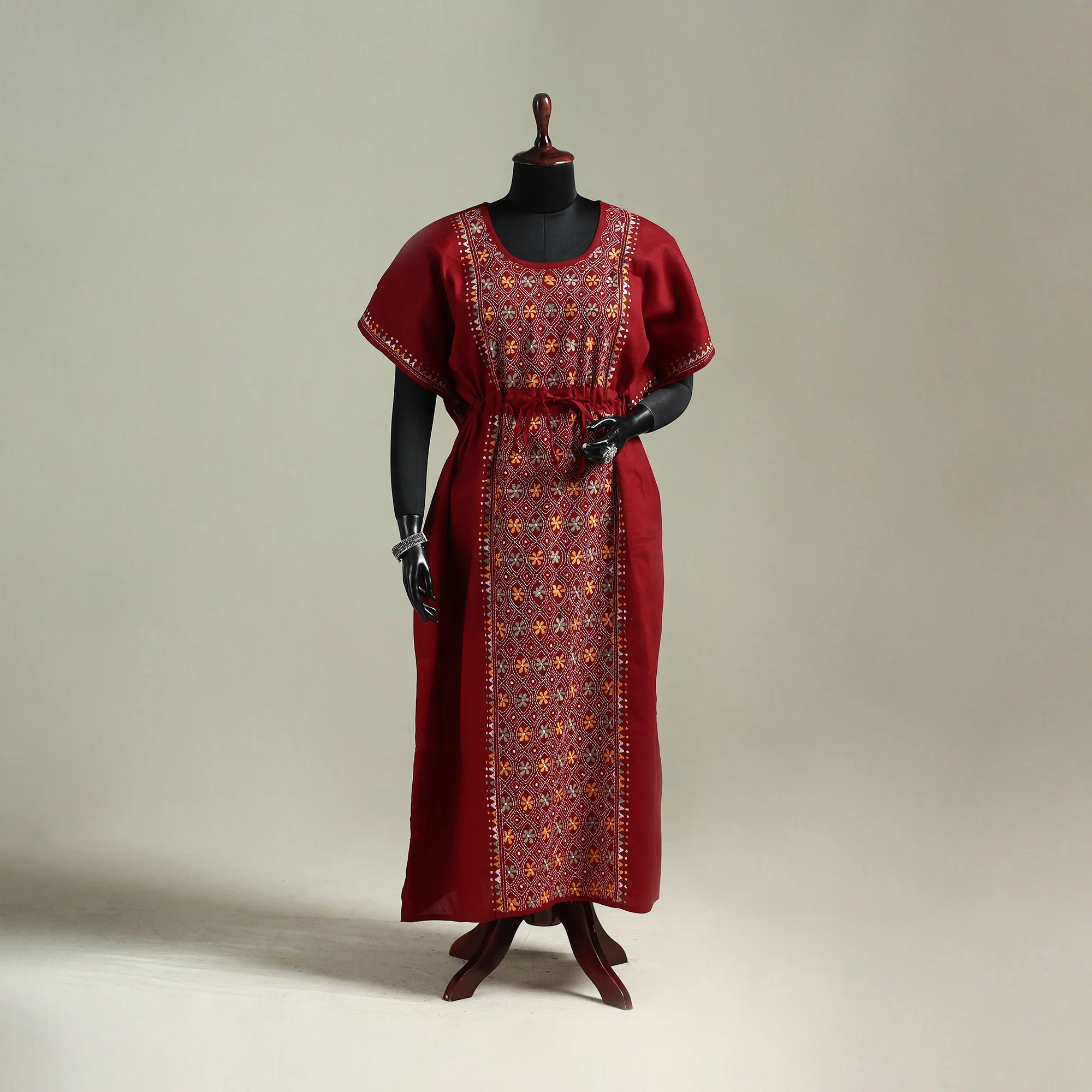 Red - Bengal Kantha Hand Embroidery Cotton Long Kaftan 62