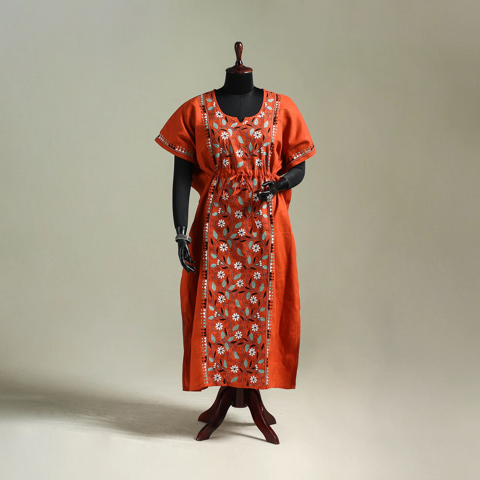 Orange - Bengal Kantha Hand Embroidery Cotton Long Kaftan 63