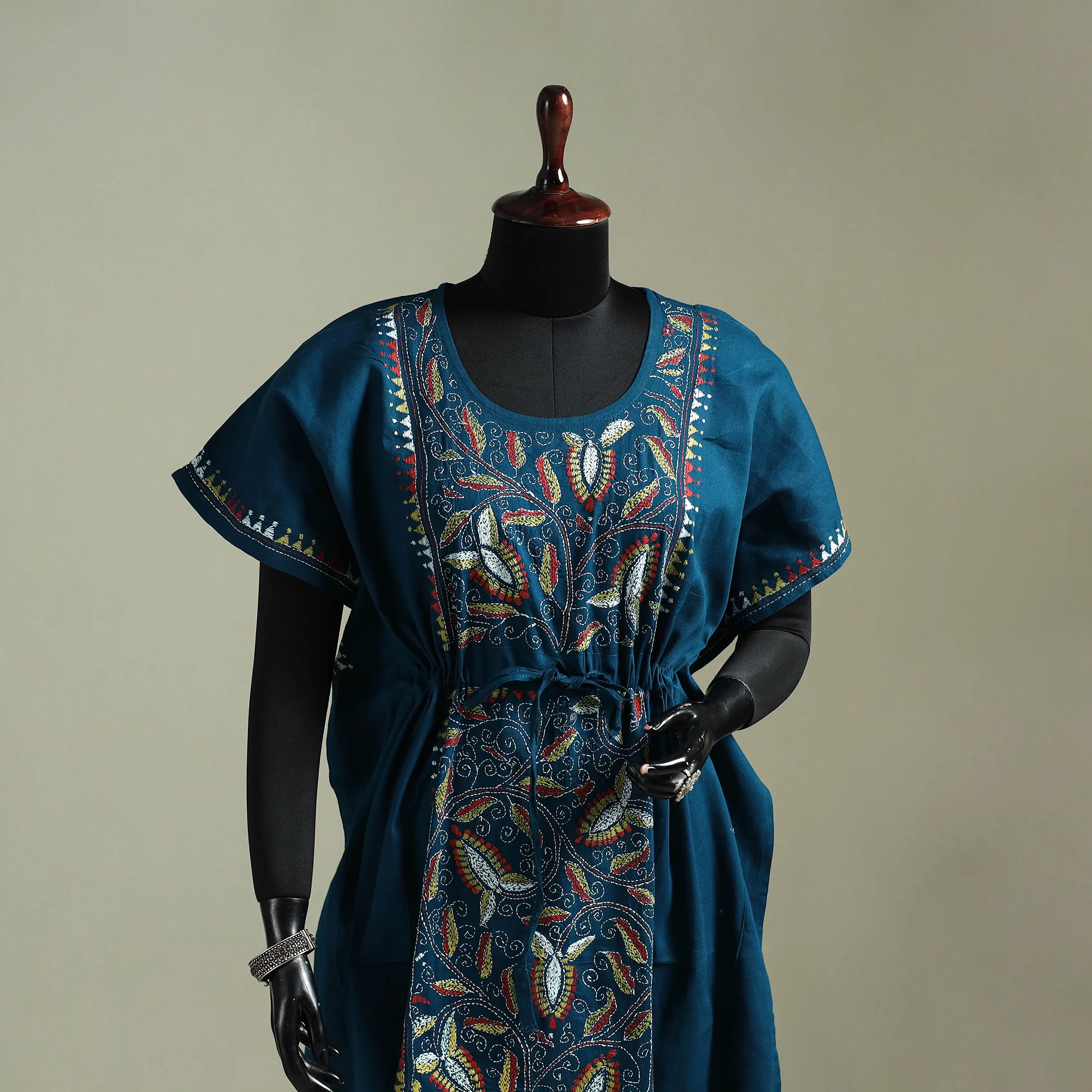 Blue - Bengal Kantha Hand Embroidery Cotton Long Kaftan 64 - Image 2