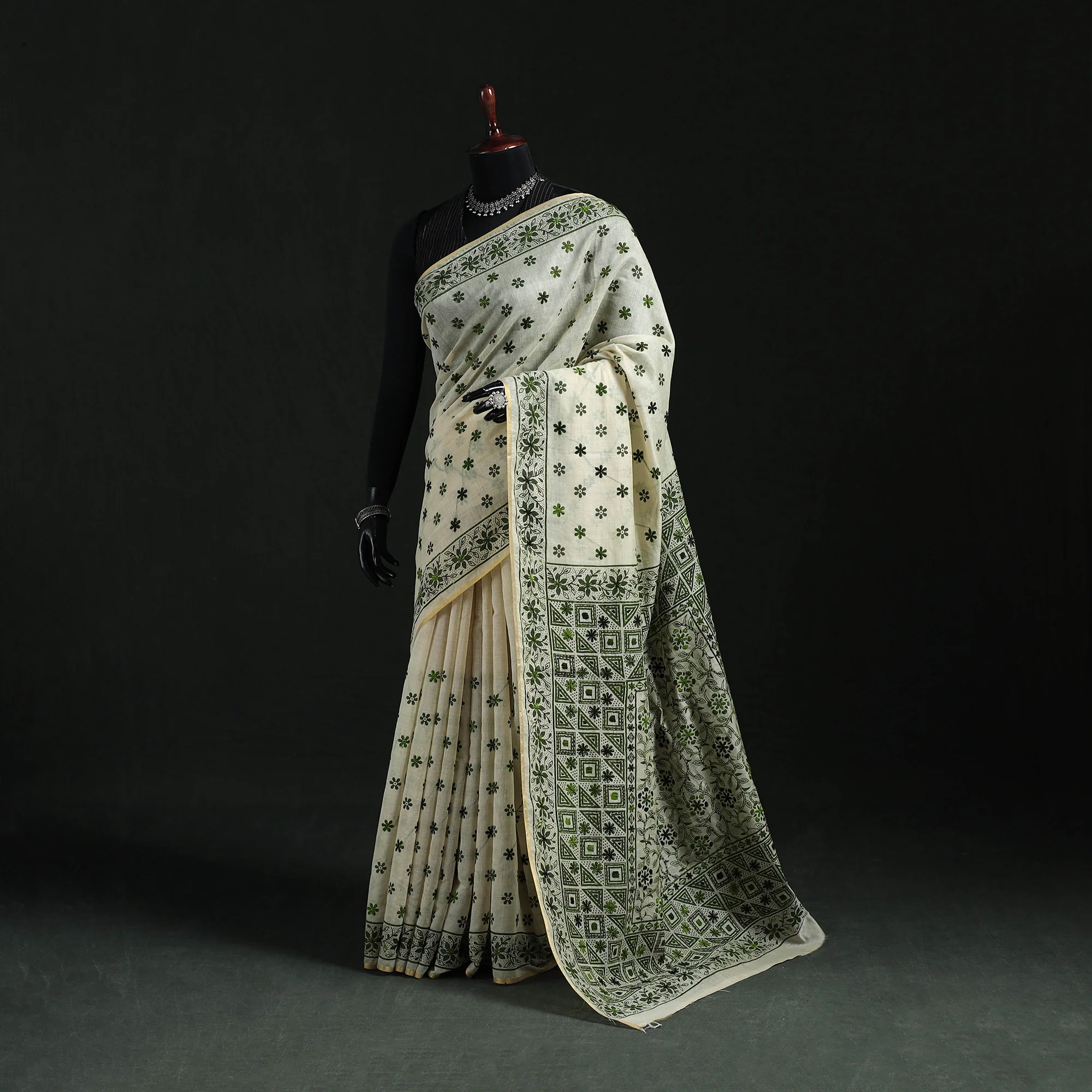 Green - Bengal Kantha Hand Embroidery Silk Cotton Chapa Work Saree 04