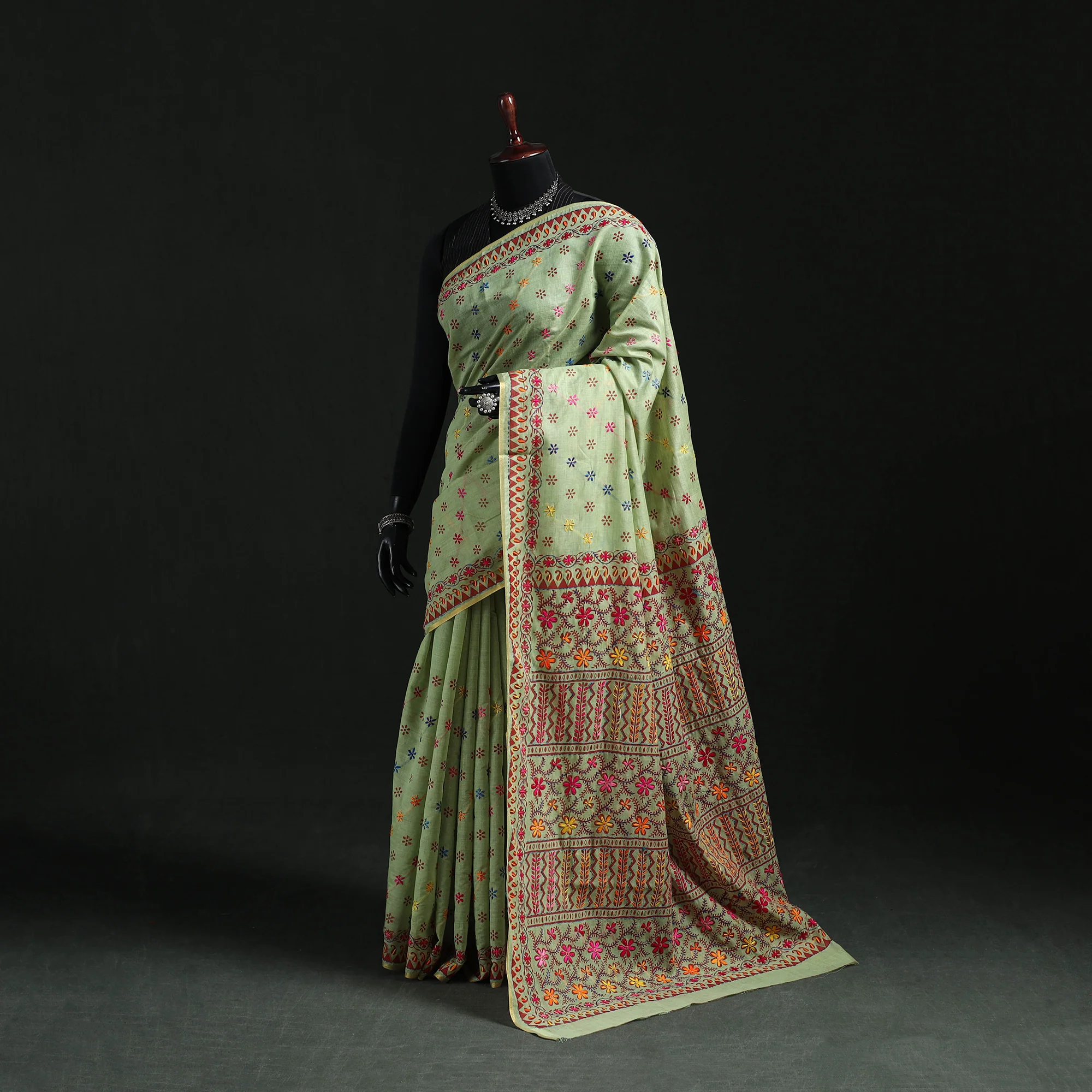 Green - Bengal Kantha Hand Embroidery Silk Cotton Chapa Work Saree 100