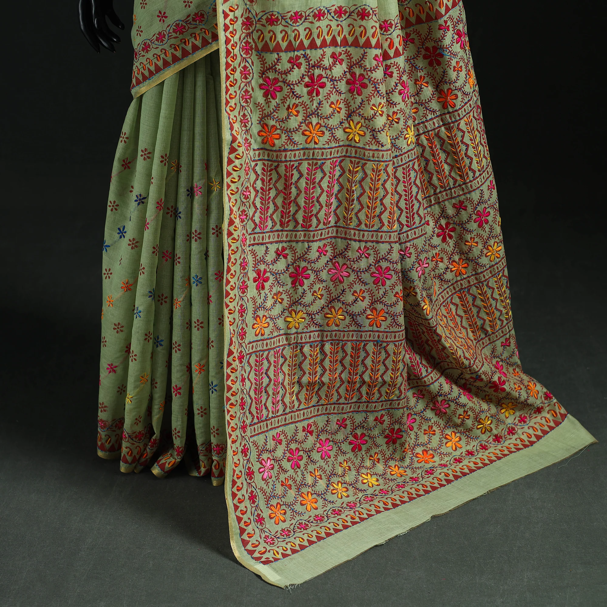 Green - Bengal Kantha Hand Embroidery Silk Cotton Chapa Work Saree 100 - Image 4