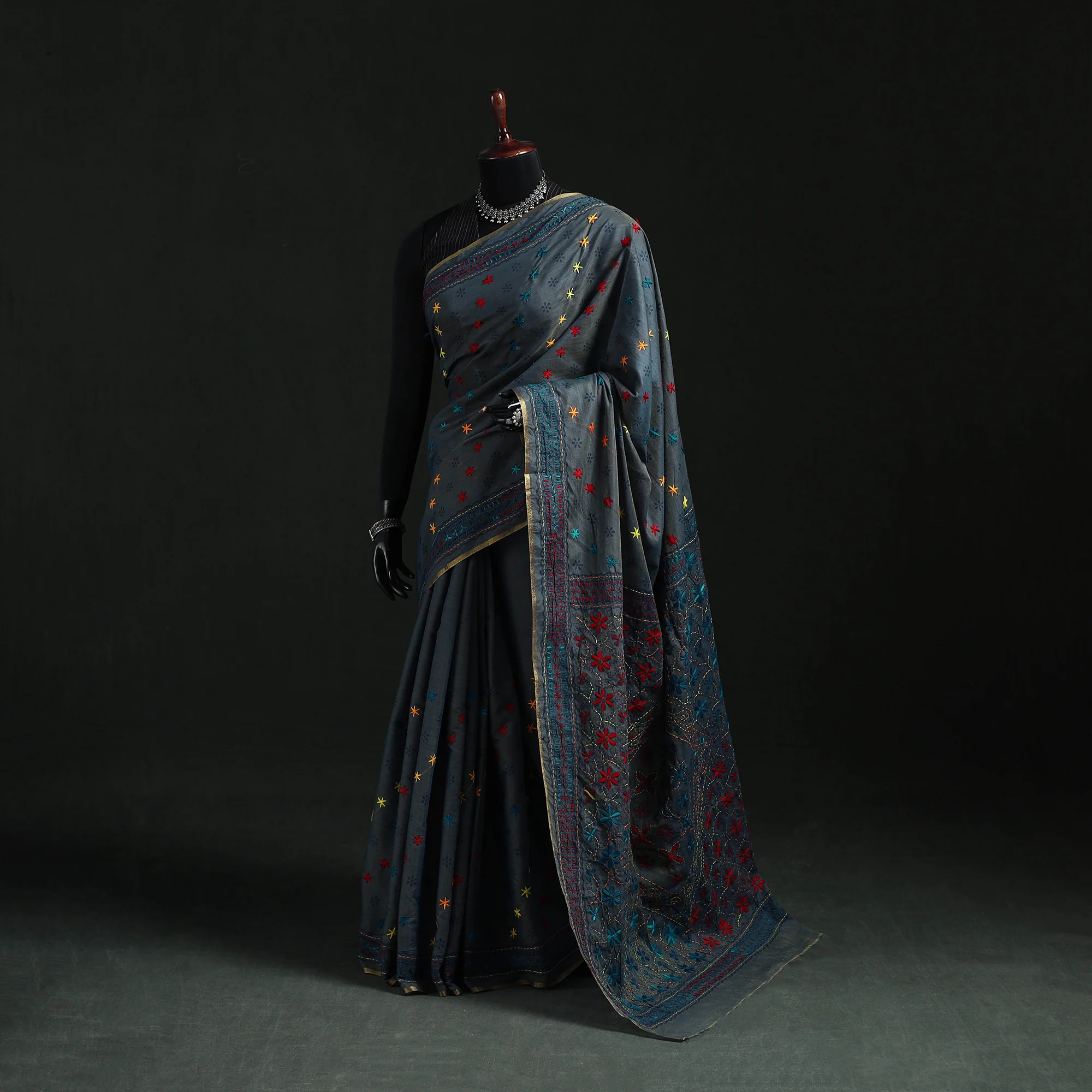 Bengal Kantha Hand Embroidery Silk Cotton Chapa Work Saree 104
