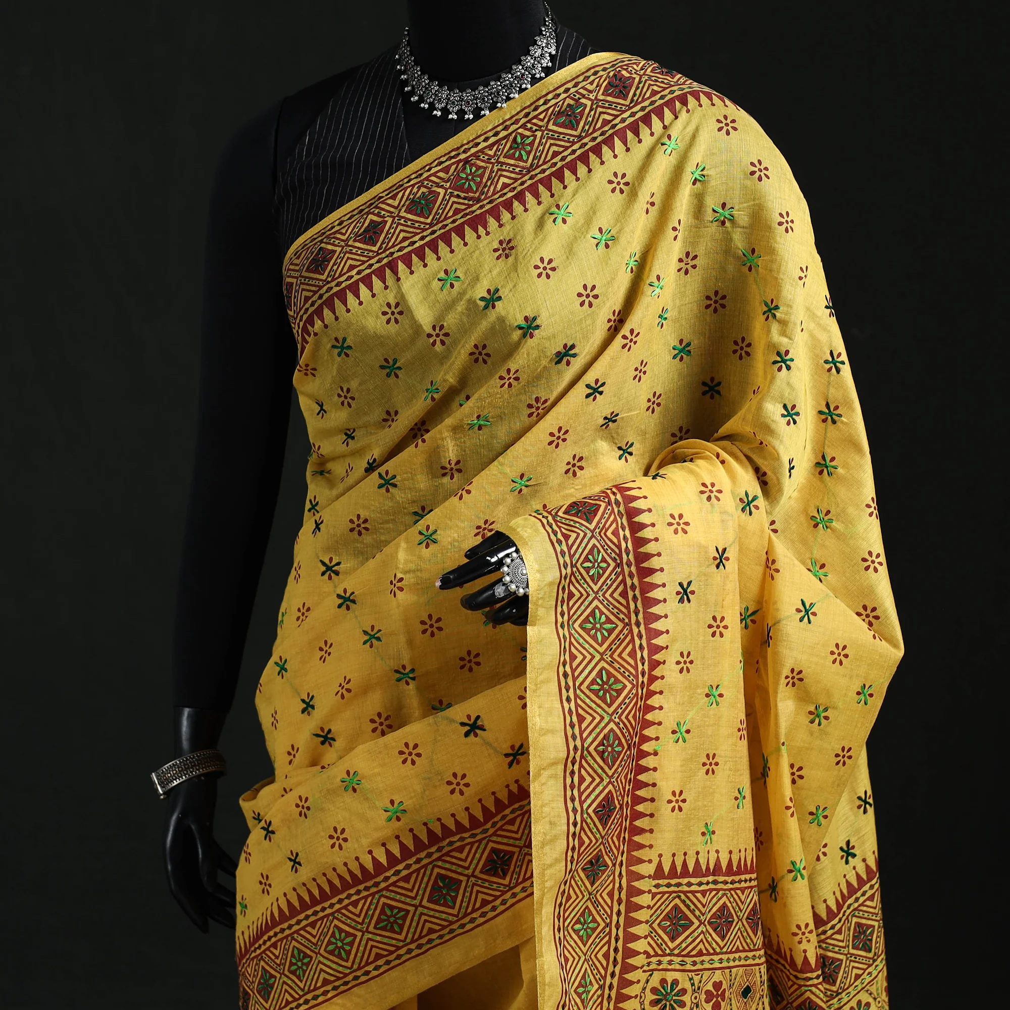 Yellow - Bengal Kantha Hand Embroidery Silk Cotton Chapa Work Saree 105 - Image 2