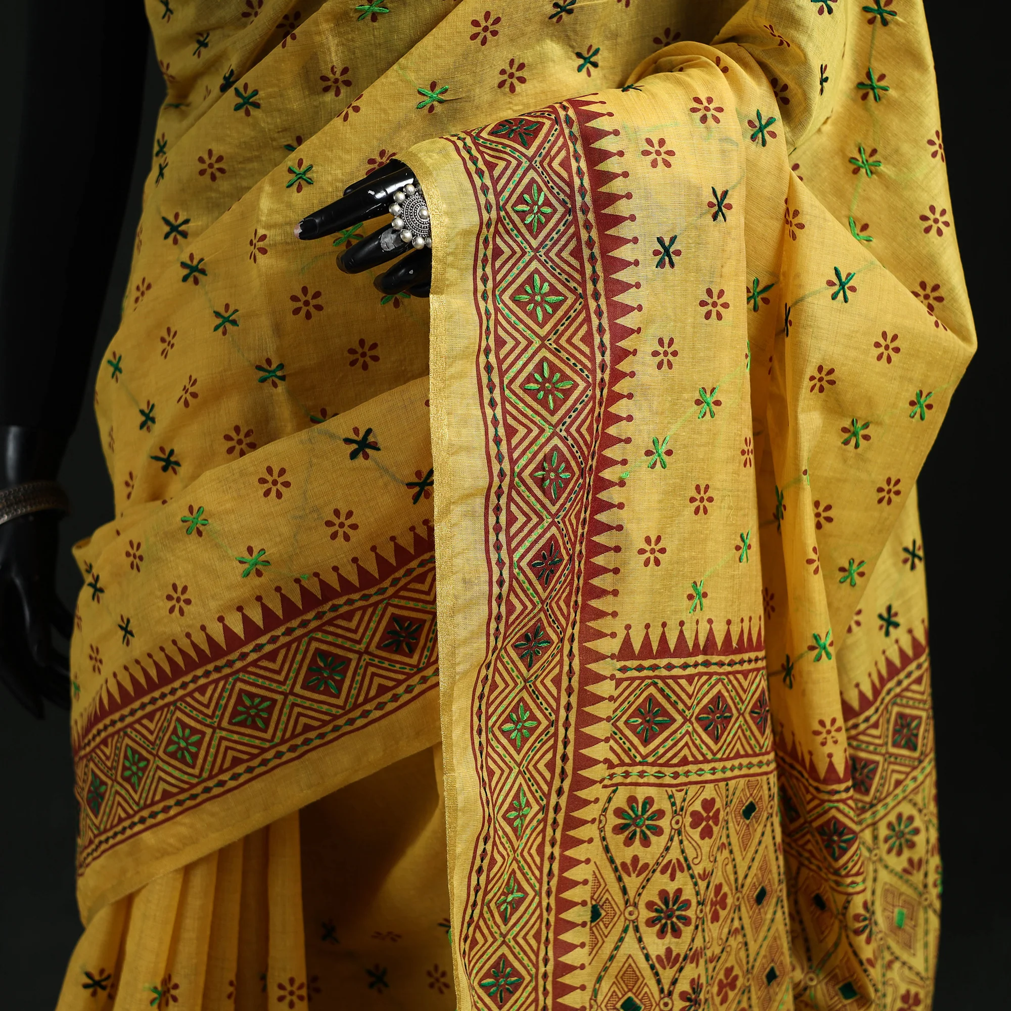 Yellow - Bengal Kantha Hand Embroidery Silk Cotton Chapa Work Saree 105 - Image 3