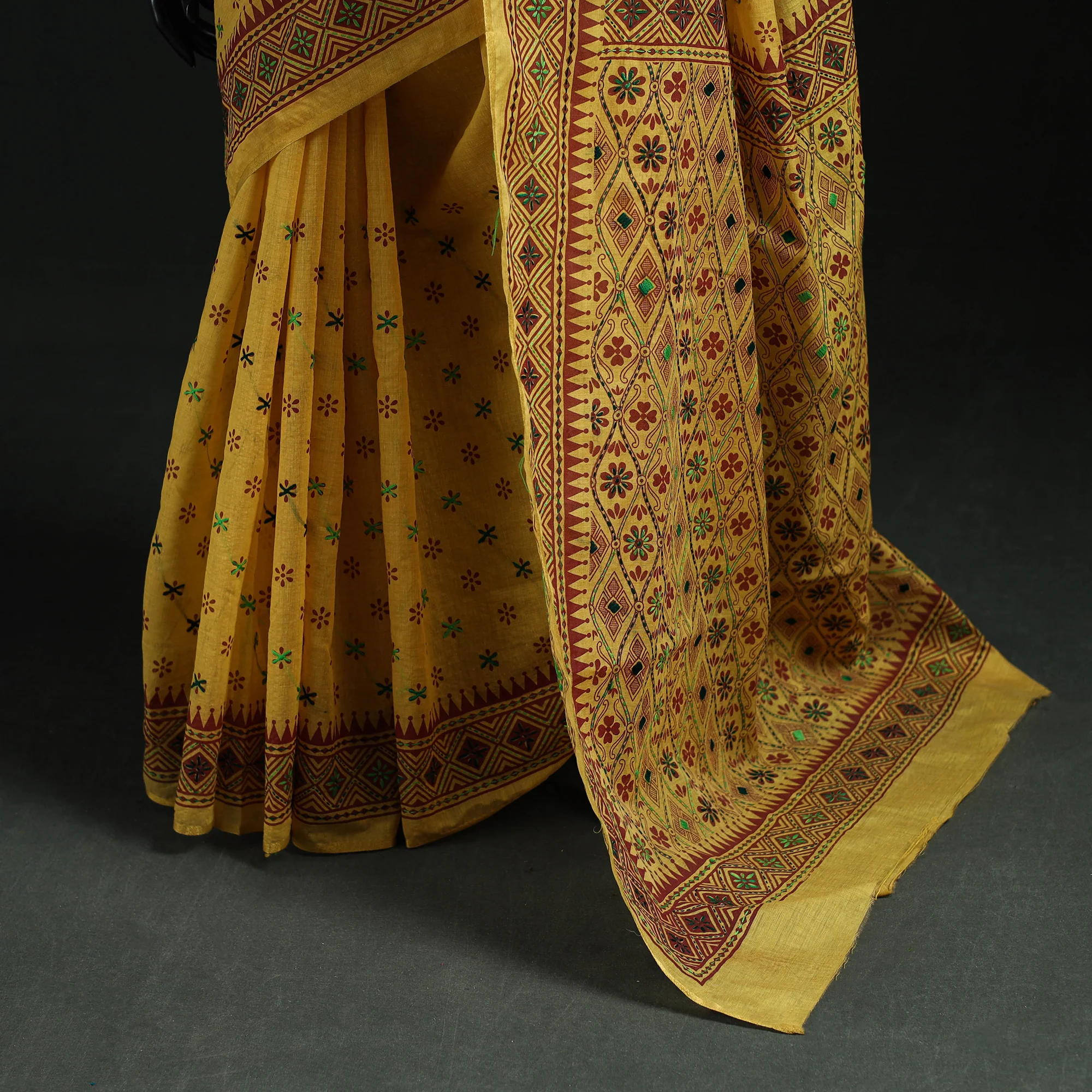 Yellow - Bengal Kantha Hand Embroidery Silk Cotton Chapa Work Saree 105 - Image 4