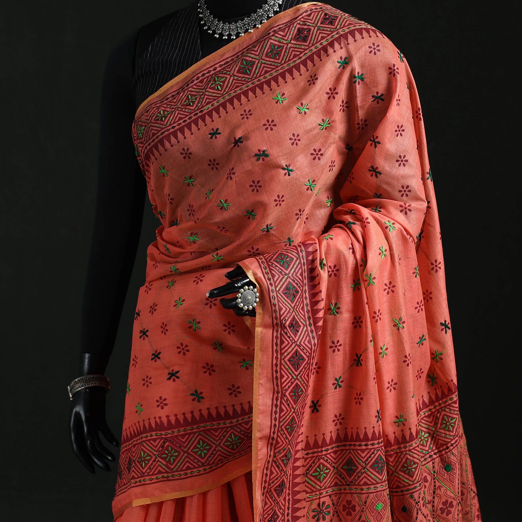 Peach - Bengal Kantha Hand Embroidery Silk Cotton Chapa Work Saree 108 - Image 2