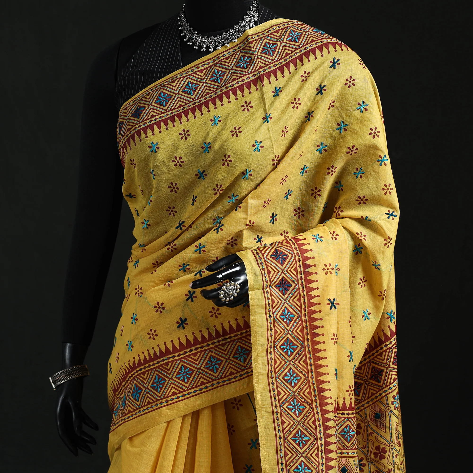 Yellow - Bengal Kantha Hand Embroidery Silk Cotton Chapa Work Saree 109 - Image 2