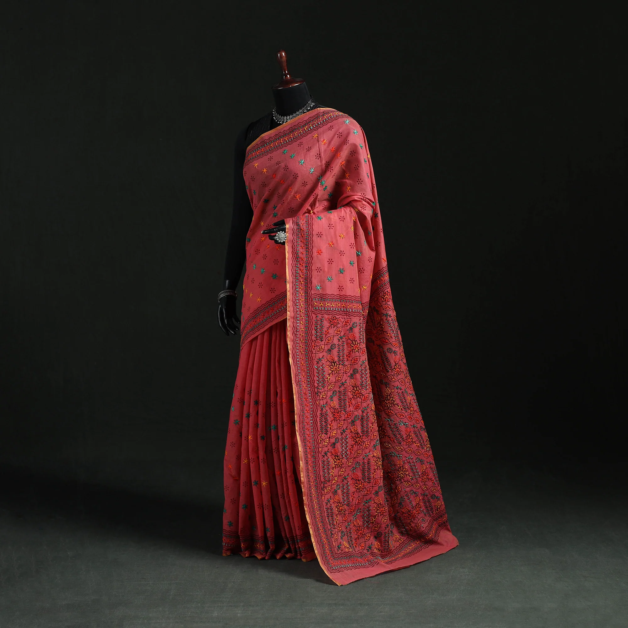Pink - Bengal Kantha Hand Embroidery Silk Cotton Chapa Work Saree 11