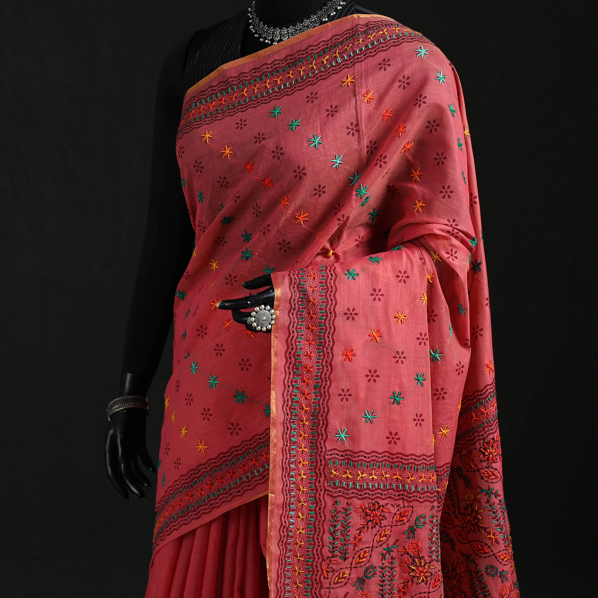 Pink - Bengal Kantha Hand Embroidery Silk Cotton Chapa Work Saree 11 - Image 2