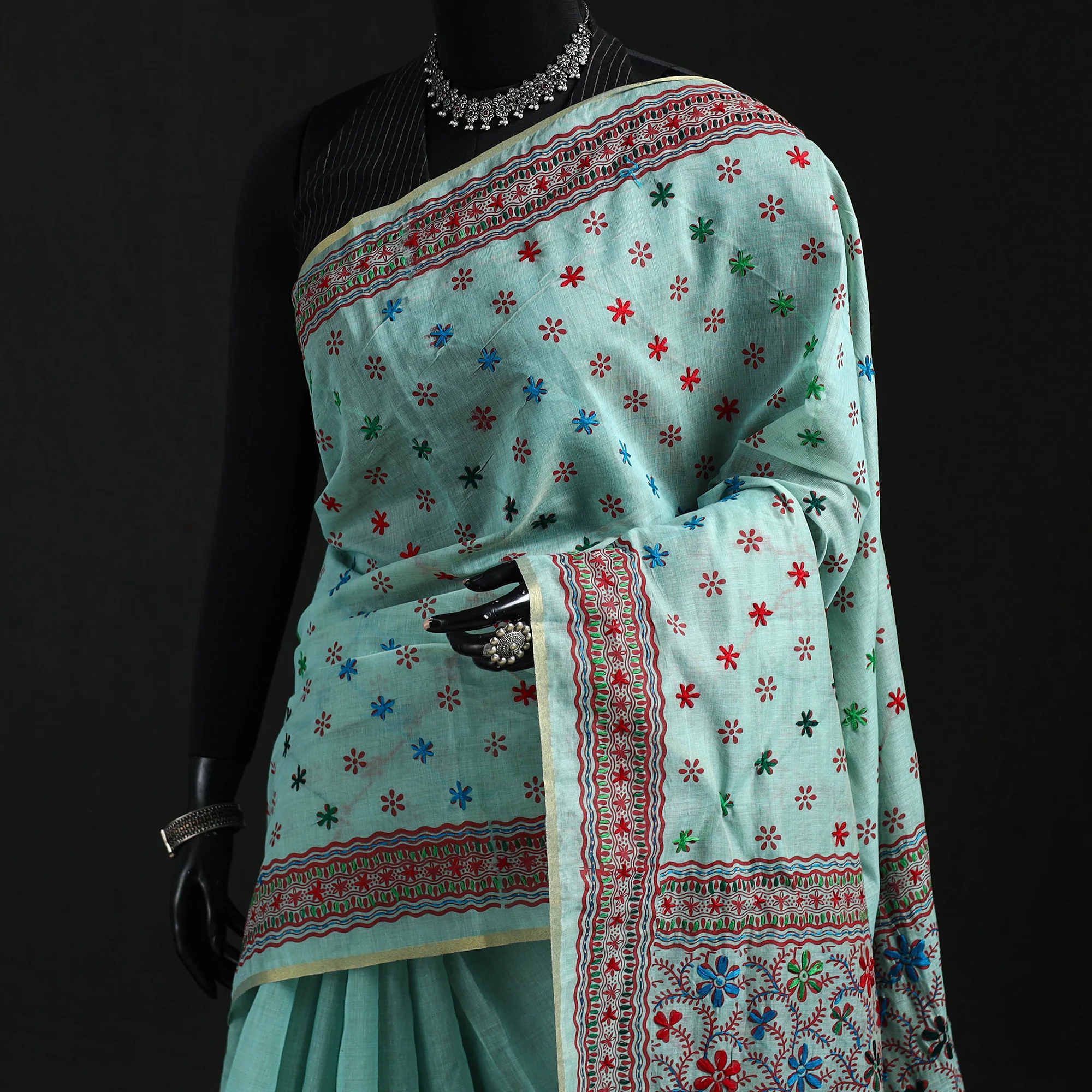 Blue - Bengal Kantha Hand Embroidery Silk Cotton Chapa Work Saree 110 - Image 2