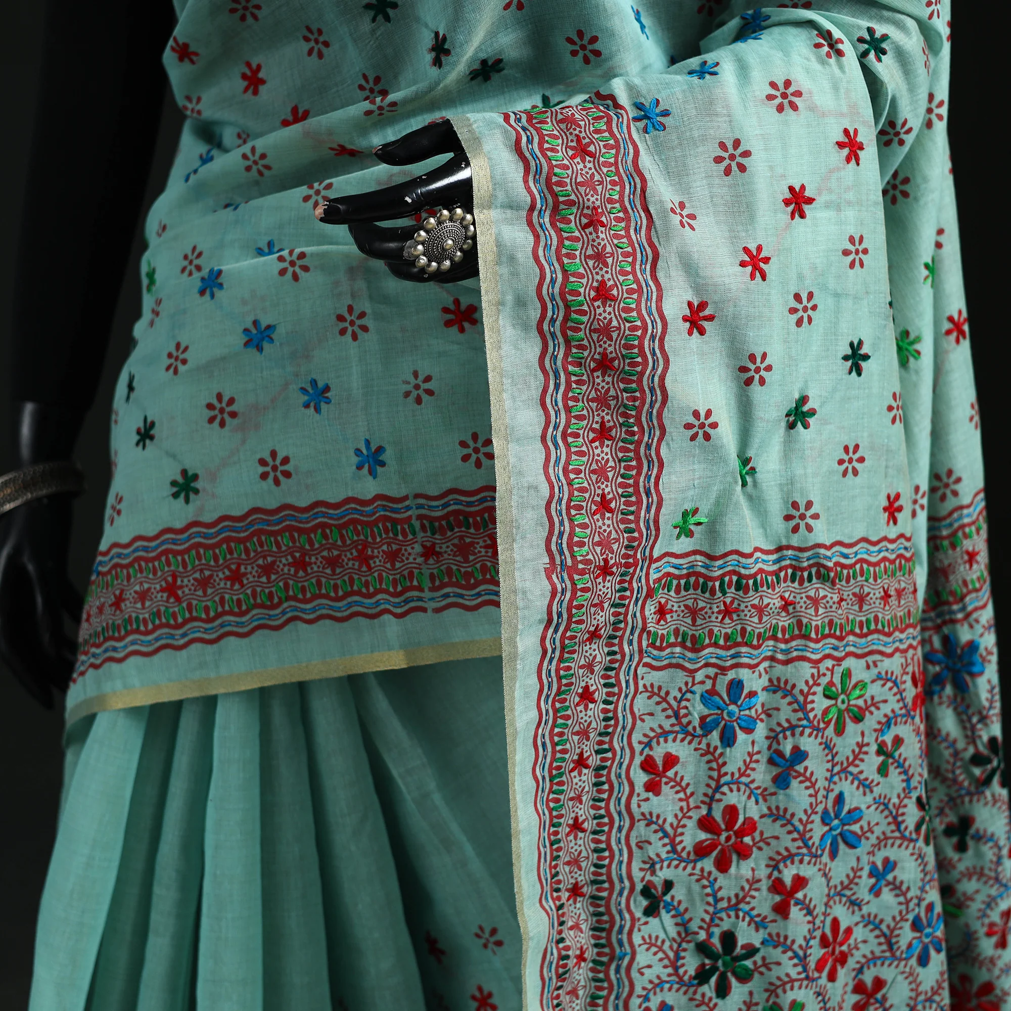 Blue - Bengal Kantha Hand Embroidery Silk Cotton Chapa Work Saree 110 - Image 3
