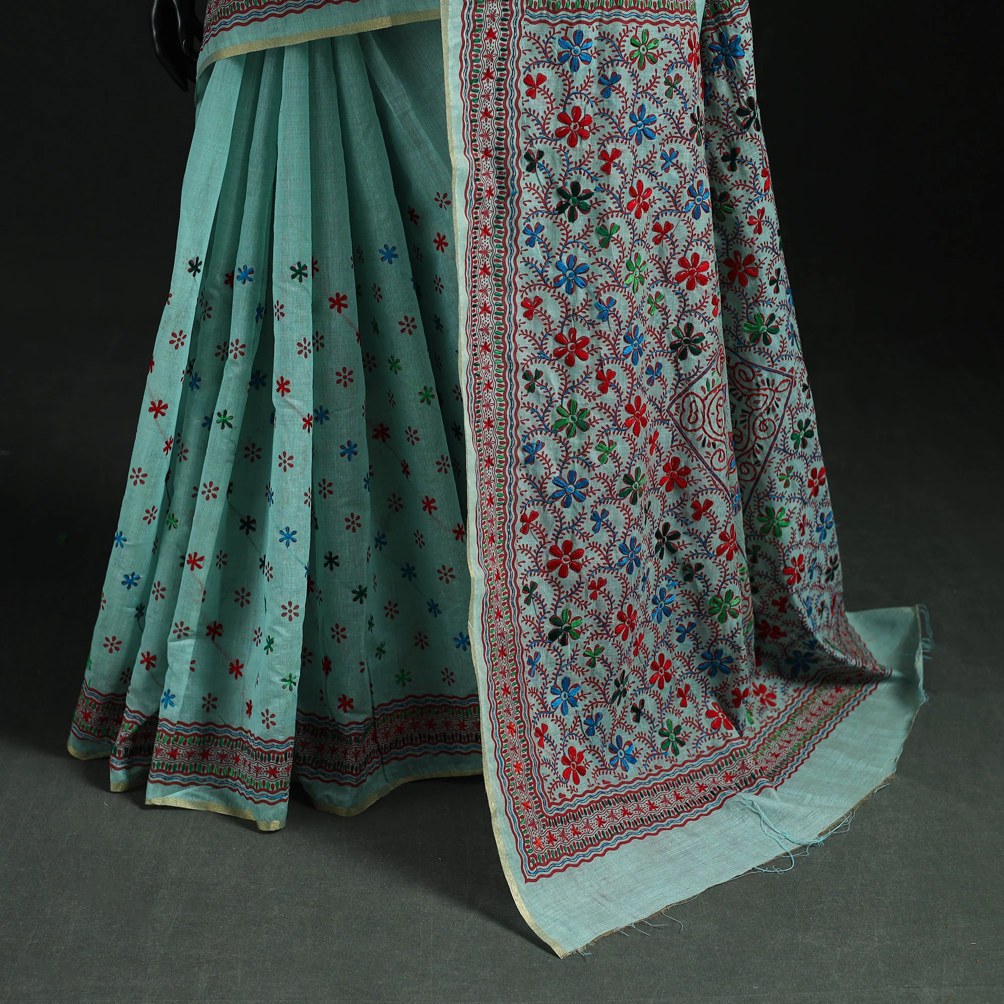 Blue - Bengal Kantha Hand Embroidery Silk Cotton Chapa Work Saree 110 - Image 4