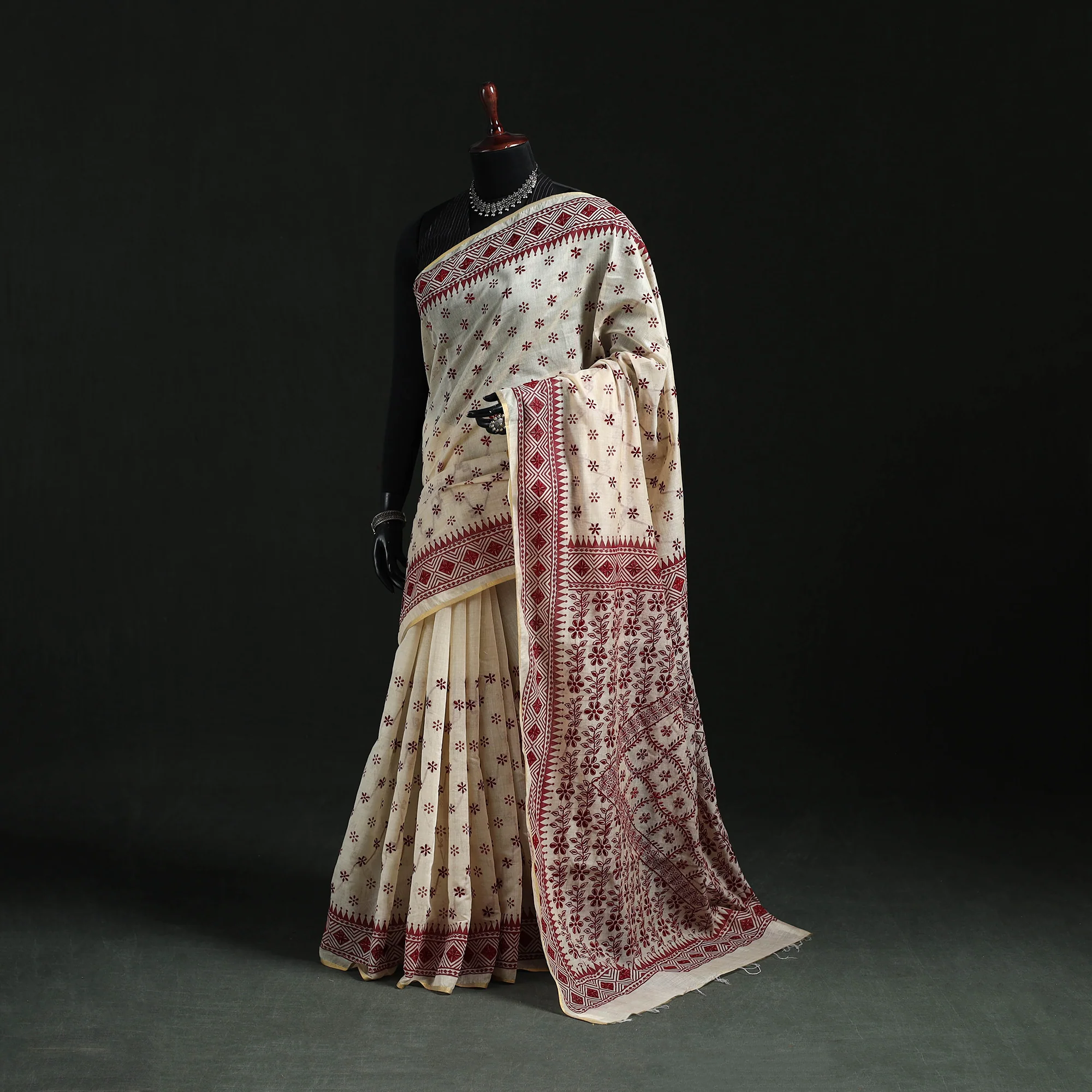White - Bengal Kantha Hand Embroidery Silk Cotton Chapa Work Saree 111