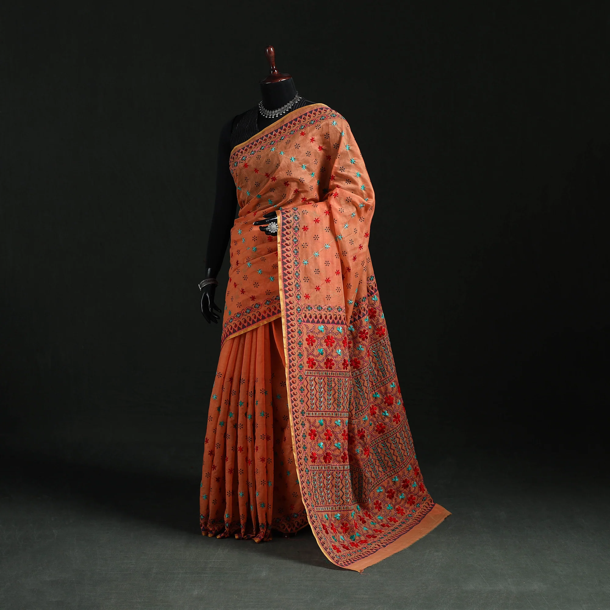 Orange - Bengal Kantha Hand Embroidery Silk Cotton Chapa Work Saree 12