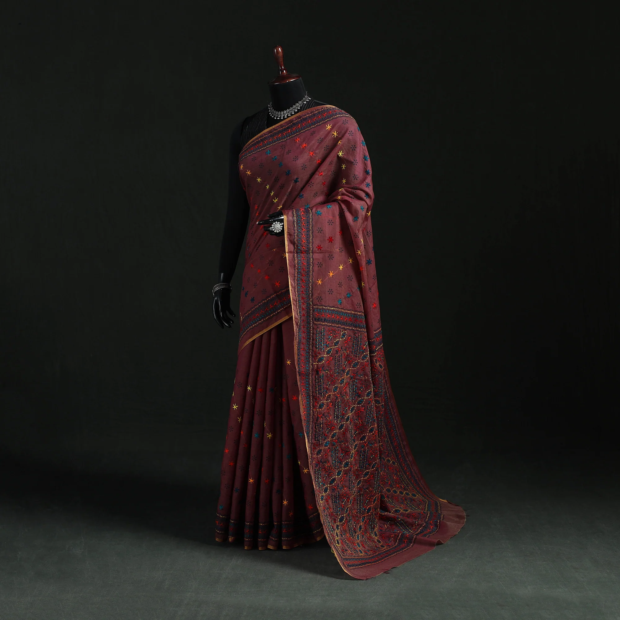 Maroon - Bengal Kantha Hand Embroidery Silk Cotton Chapa Work Saree 13