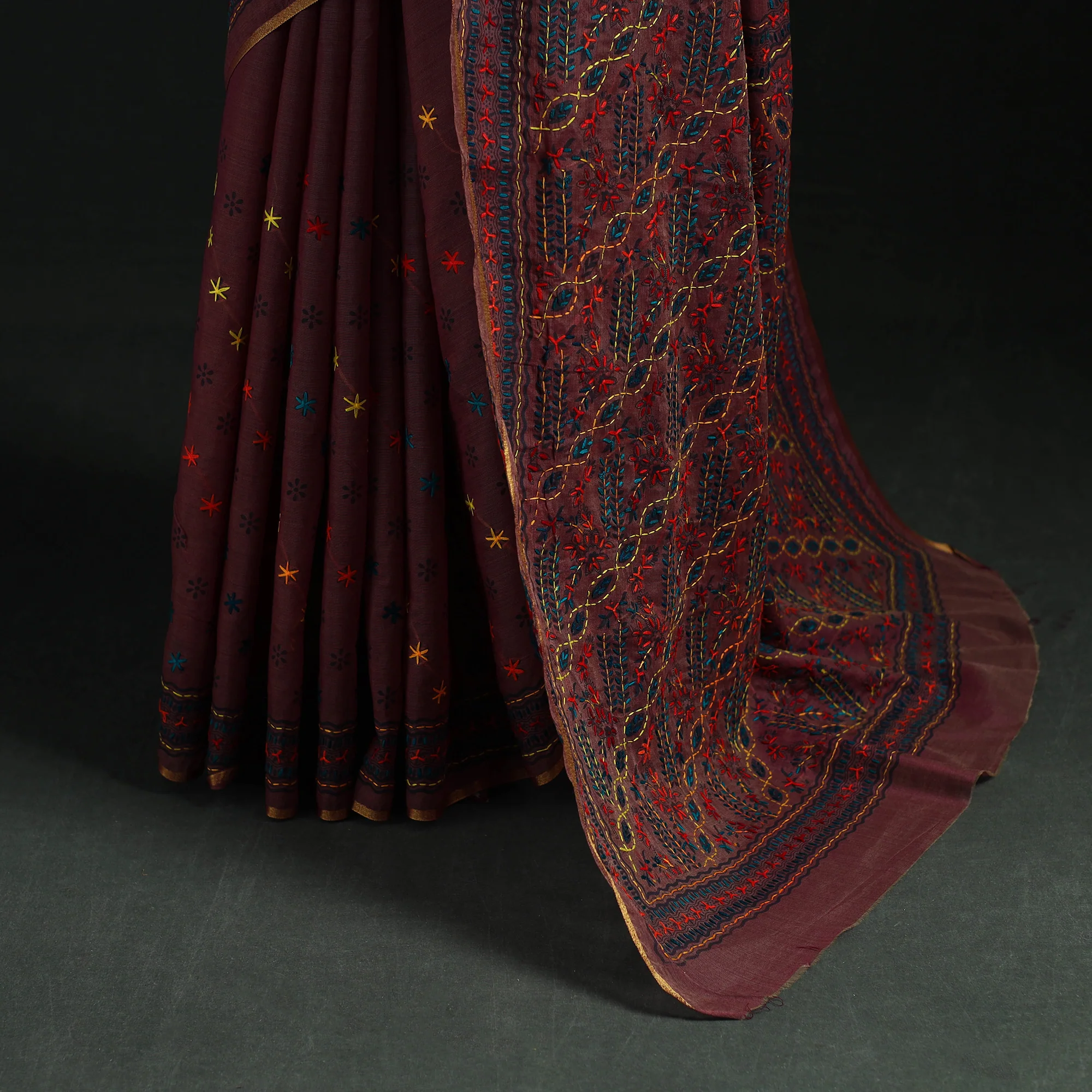 Maroon - Bengal Kantha Hand Embroidery Silk Cotton Chapa Work Saree 13 - Image 4
