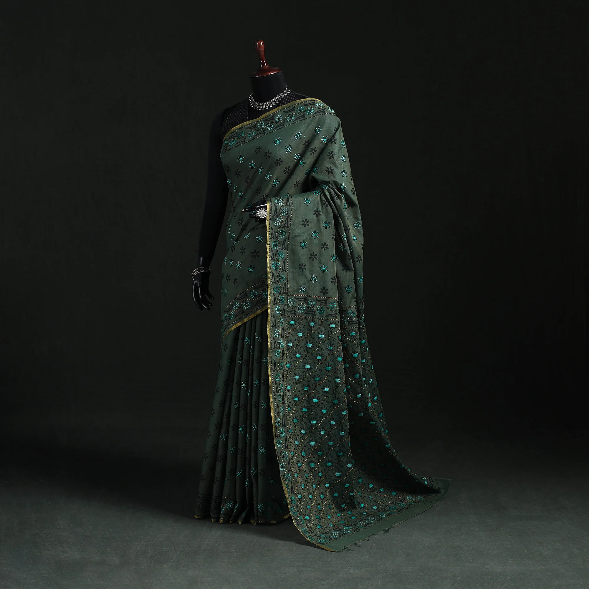 Green - Bengal Kantha Hand Embroidery Silk Cotton Chapa Work Saree 14